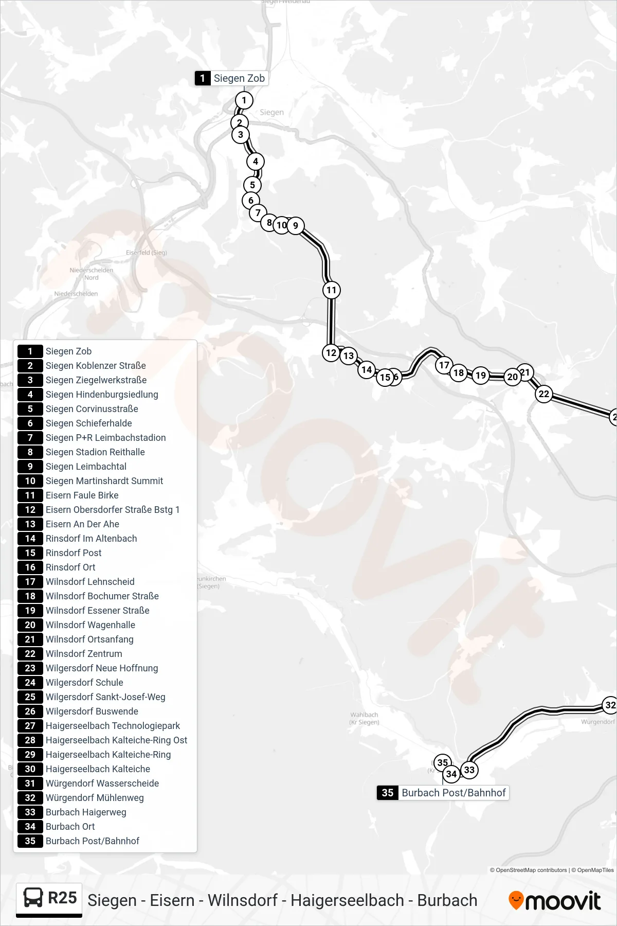 R25 bus Line (Burbach Post/Bahnhof) route and stops on a map