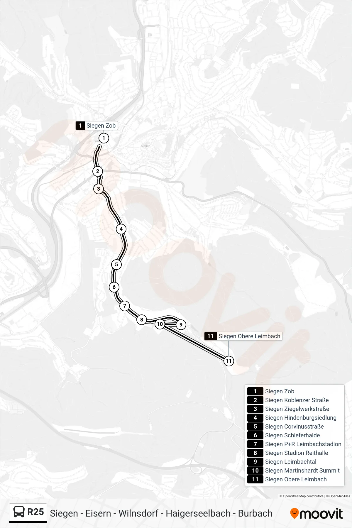 Linie R25 (Bus) Richtung Siegen Obere Leimbach: Route und Haltestellen auf der Karte
