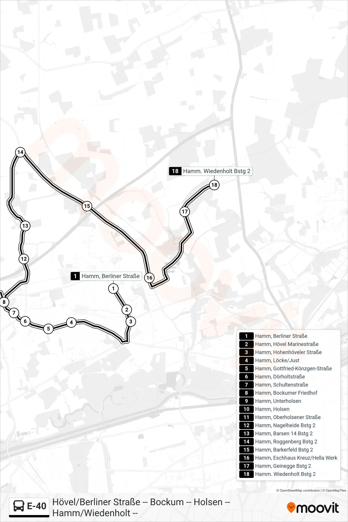 Linie E-40 (Bus) Richtung Hamm. Wiedenholt Bstg 2: Route und Haltestellen auf der Karte