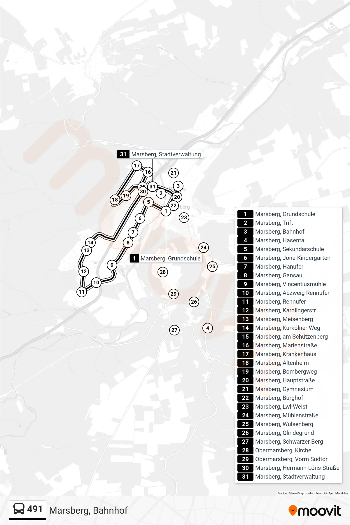 491 bus Line (Marsberg, Bahnhof) route and stops on a map