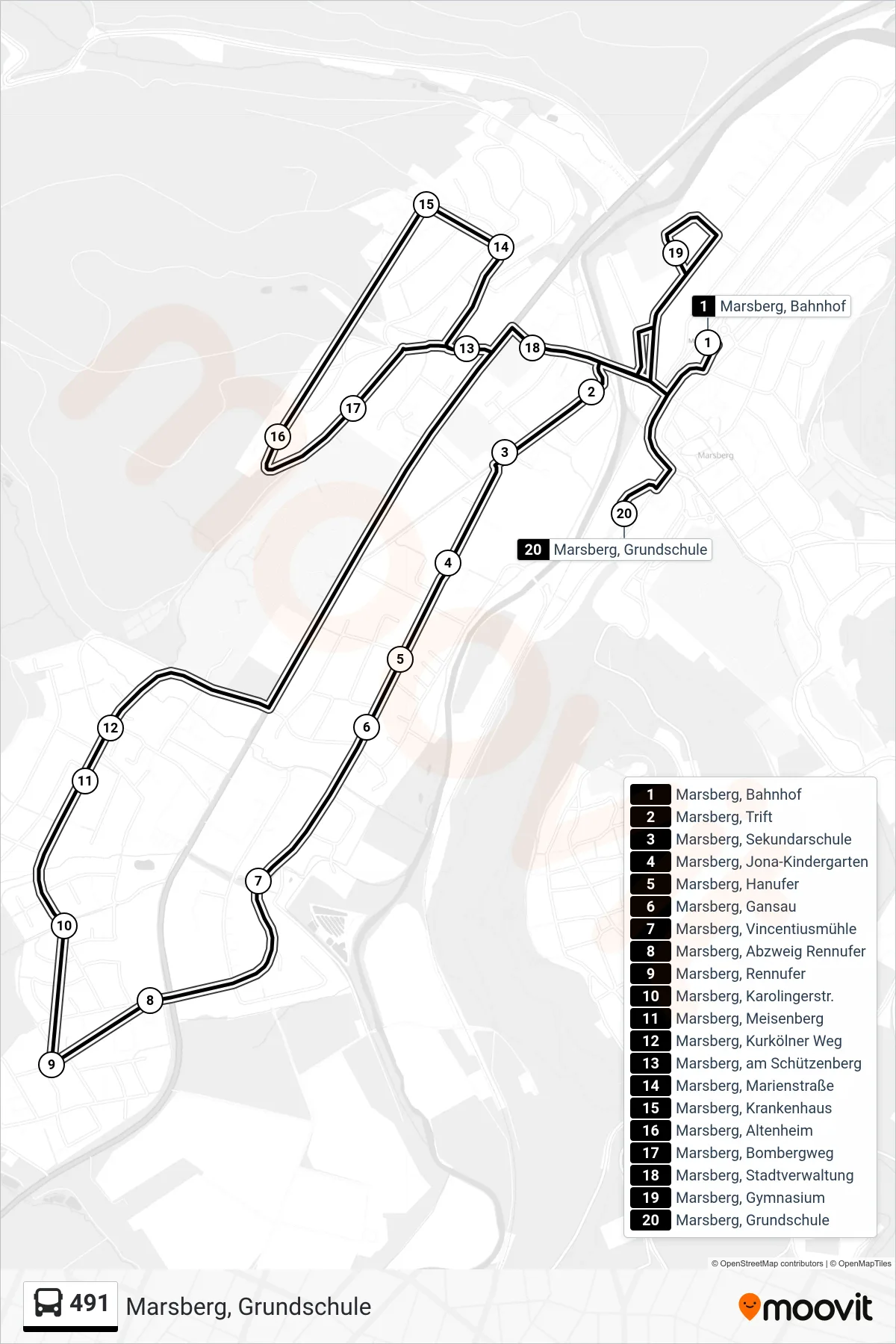 491 bus Line (Marsberg, Grundschule) route and stops on a map