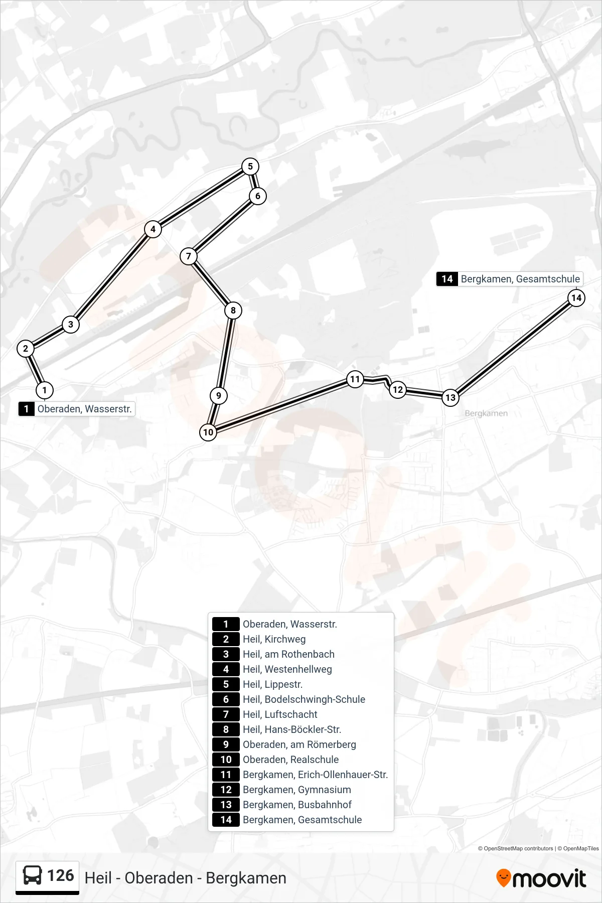 126 bus Line (Bergkamen, Gesamtschule) route and stops on a map