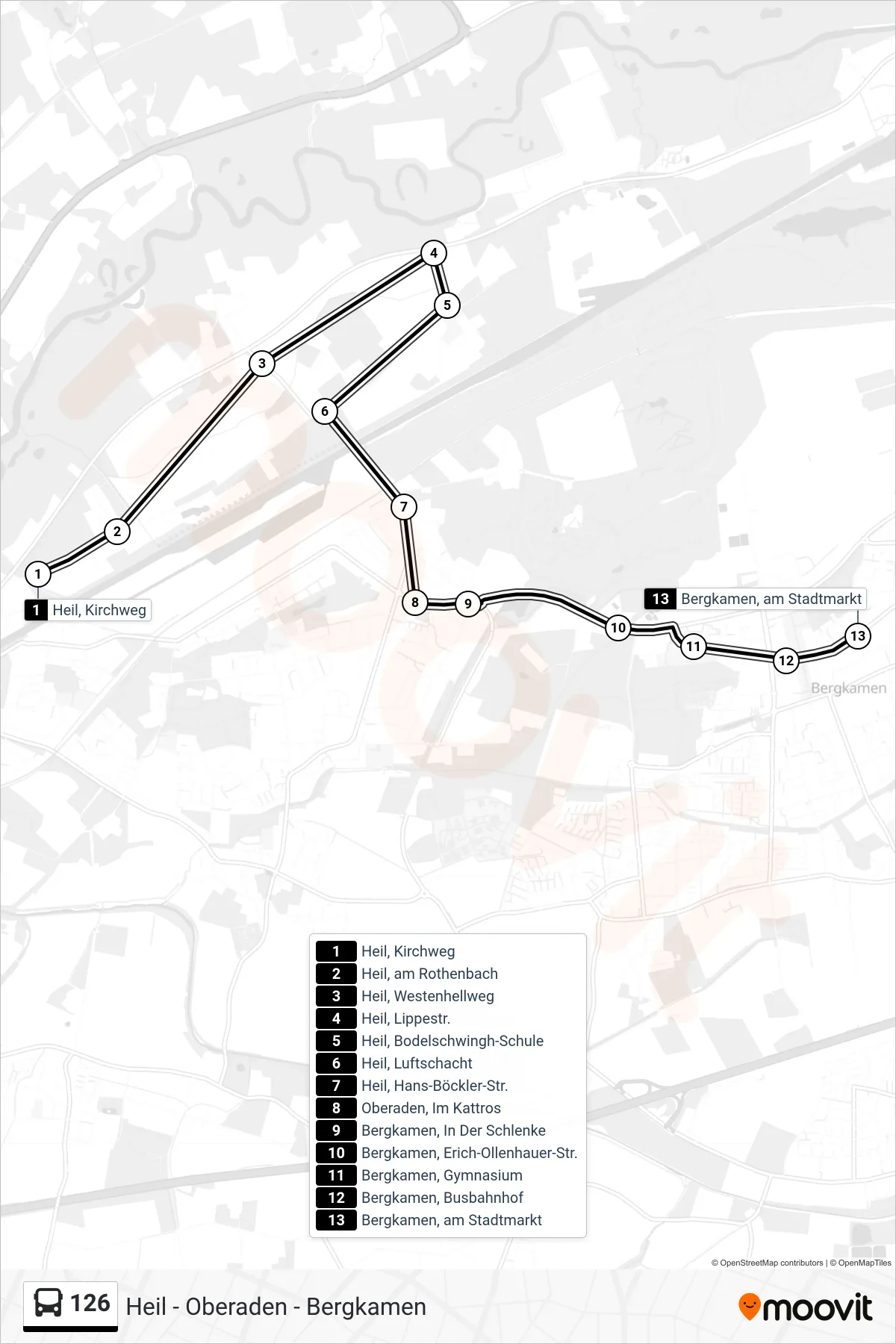 Linie 126 (Bus) Richtung Bergkamen, am Stadtmarkt: Route und Haltestellen auf der Karte