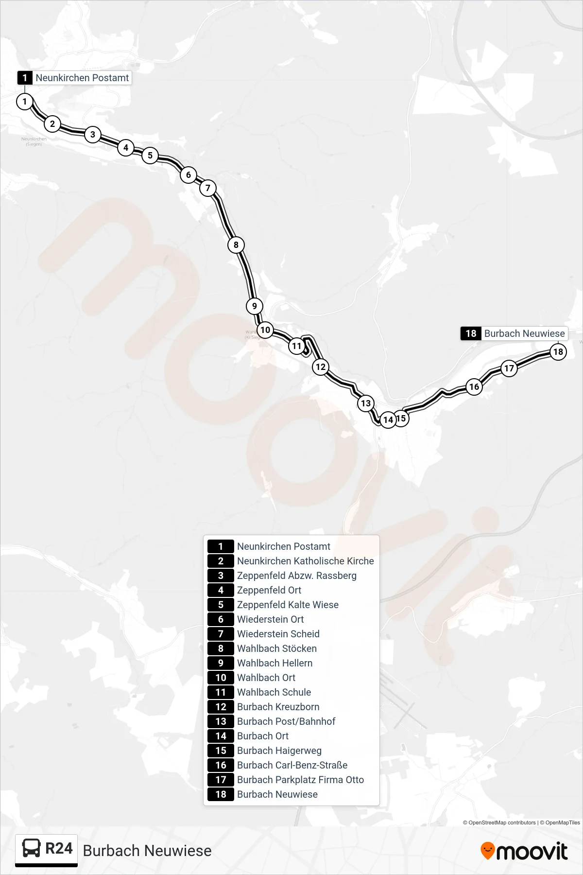 R24 bus Line (Burbach Neuwiese) route and stops on a map