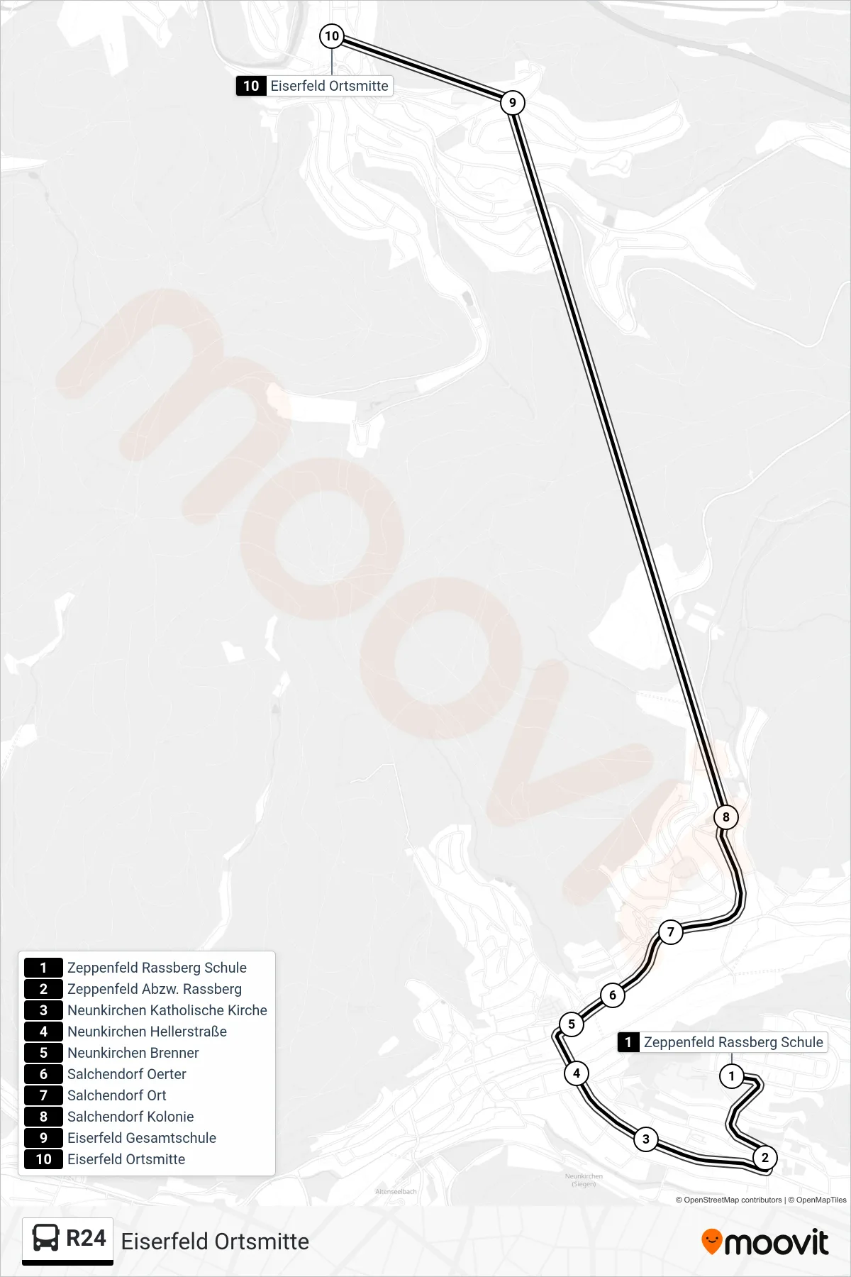 R24 bus Line (Eiserfeld Ortsmitte) route and stops on a map
