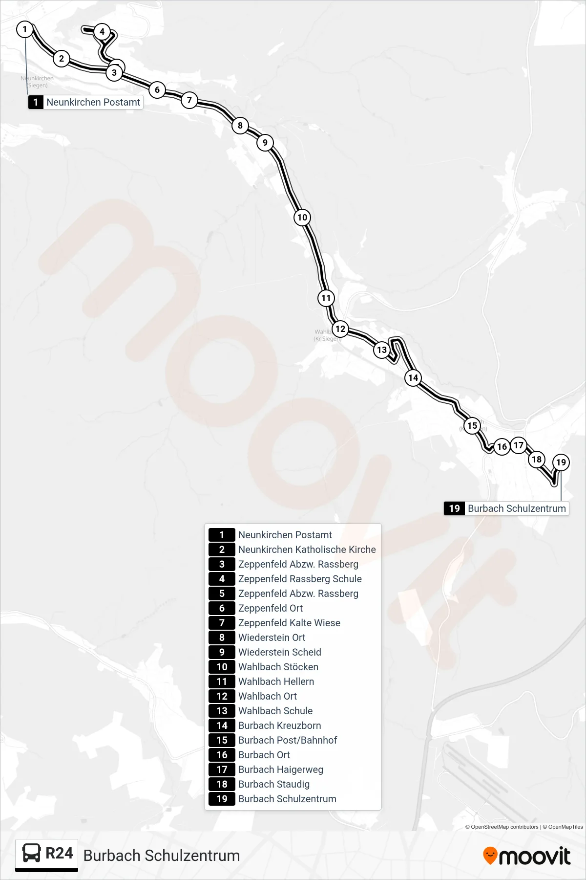 R24 bus Line (Burbach Schulzentrum) route and stops on a map