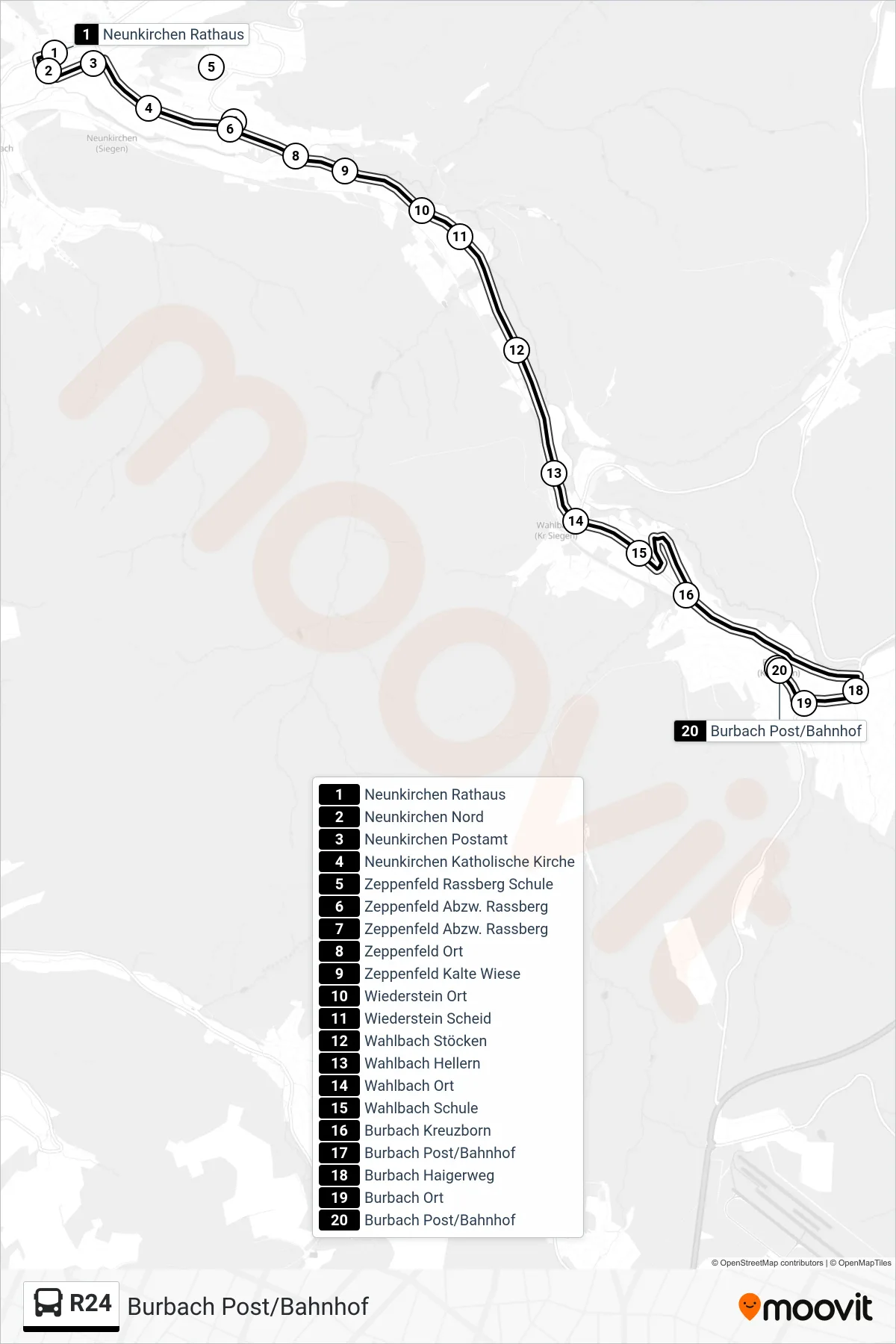 Linie R24 (Bus) Richtung Burbach Post/Bahnhof: Route und Haltestellen auf der Karte
