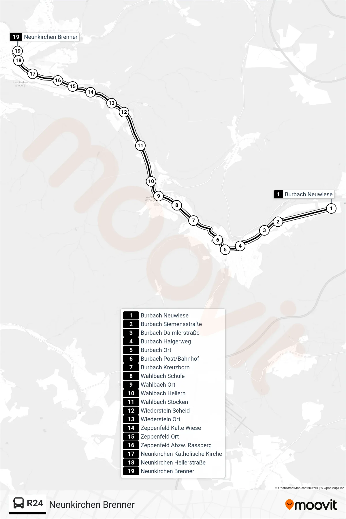 R24 bus Line (Neunkirchen Brenner) route and stops on a map