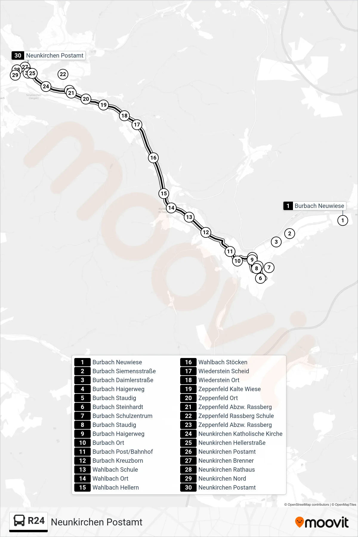R24 bus Line (Neunkirchen Postamt) route and stops on a map