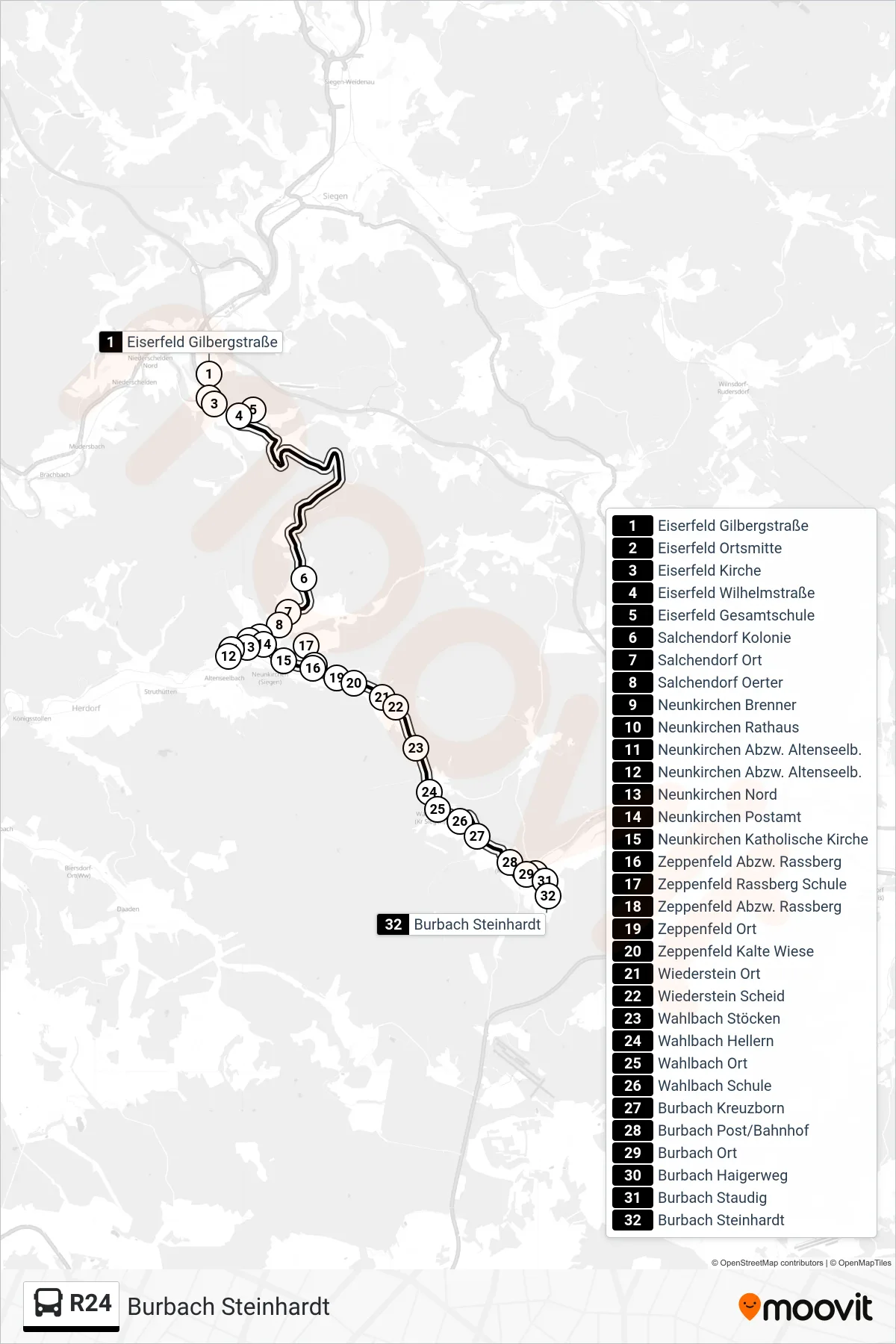 R24 bus Line (Burbach Steinhardt) route and stops on a map