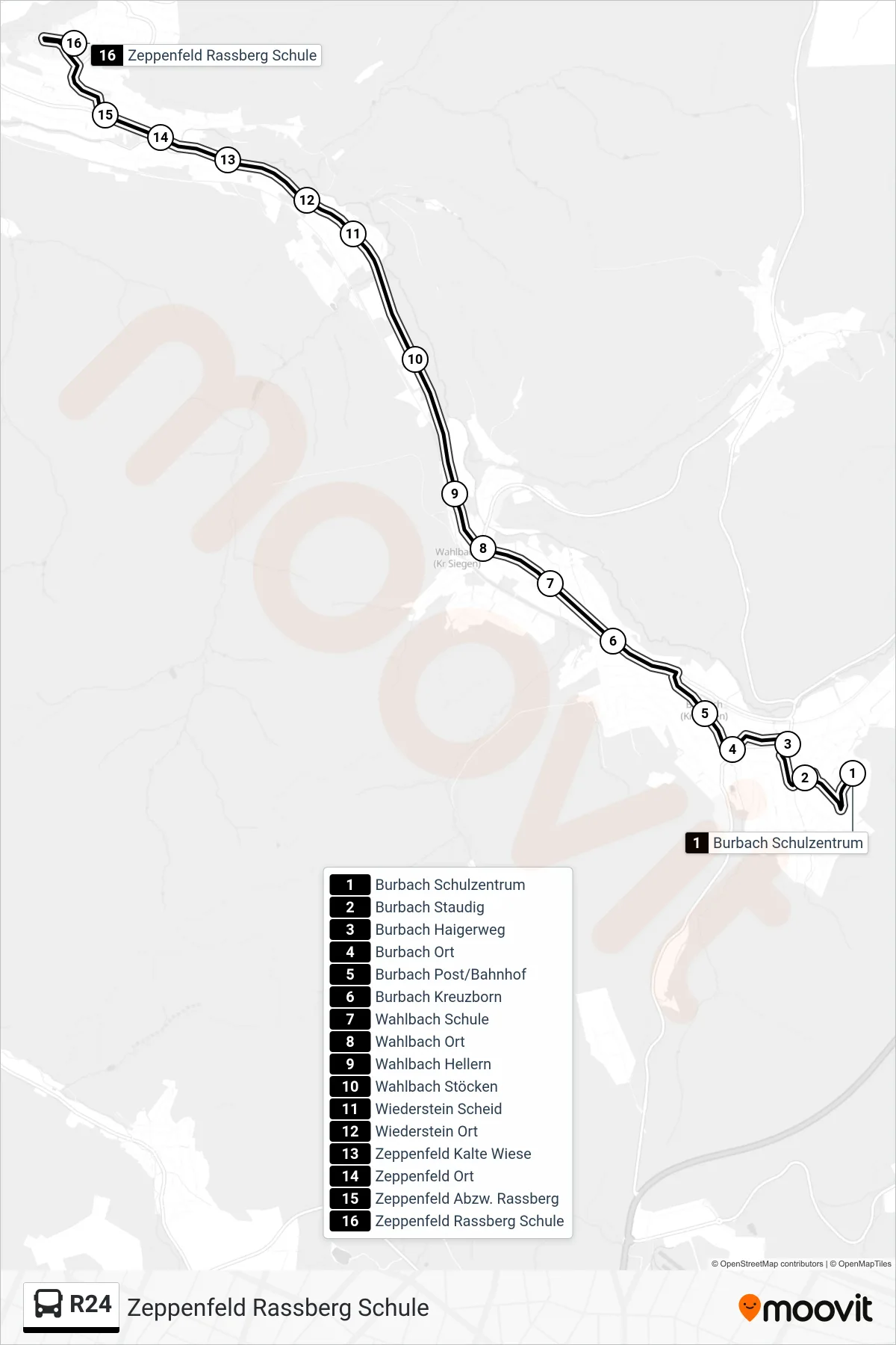 R24 bus Line (Zeppenfeld Rassberg Schule) route and stops on a map