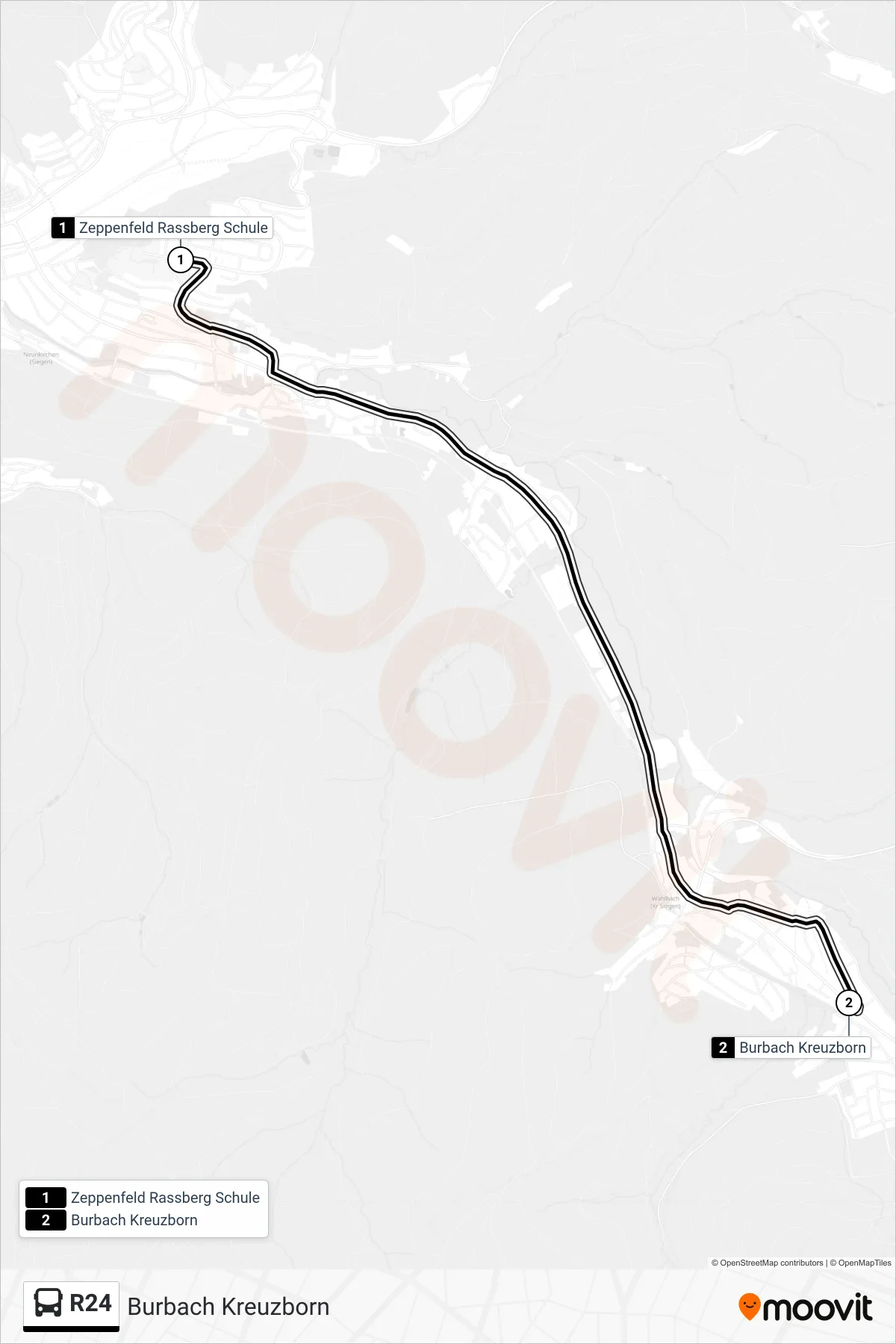 R24 bus Line (Burbach Kreuzborn) route and stops on a map