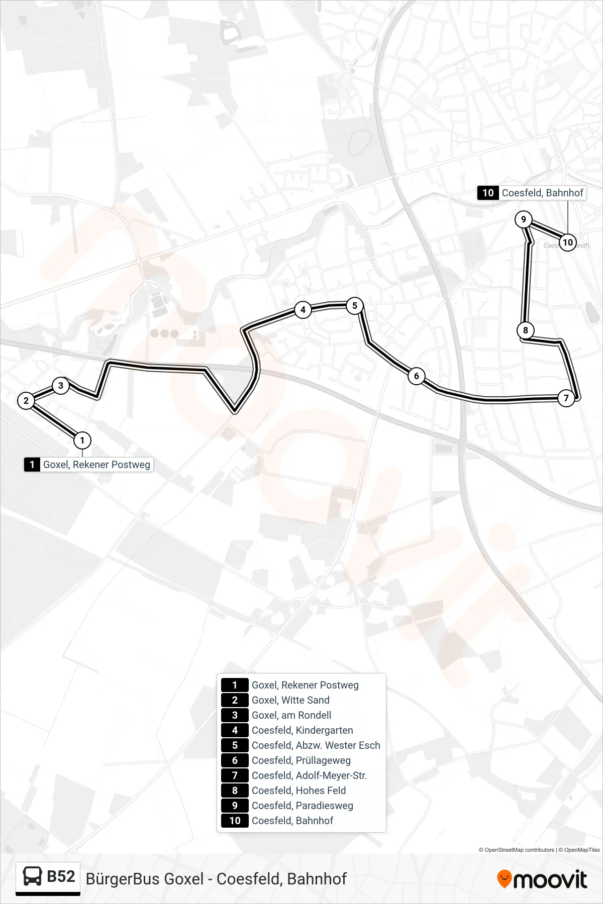 Linie B52 (Bus) Richtung Coesfeld, Bahnhof Bussteig A: Route und Haltestellen auf der Karte