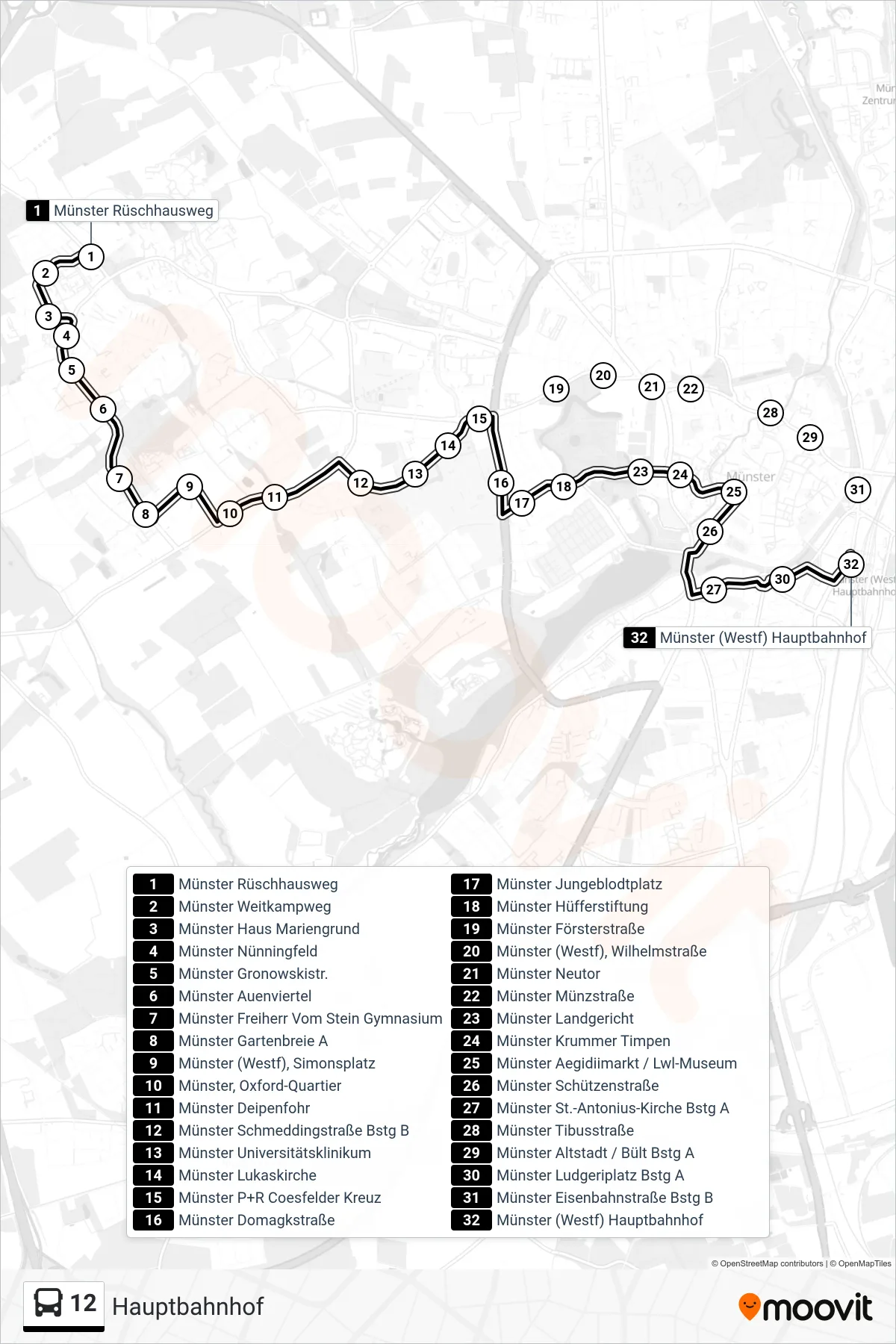 12 bus Line (Hauptbahnhof) route and stops on a map