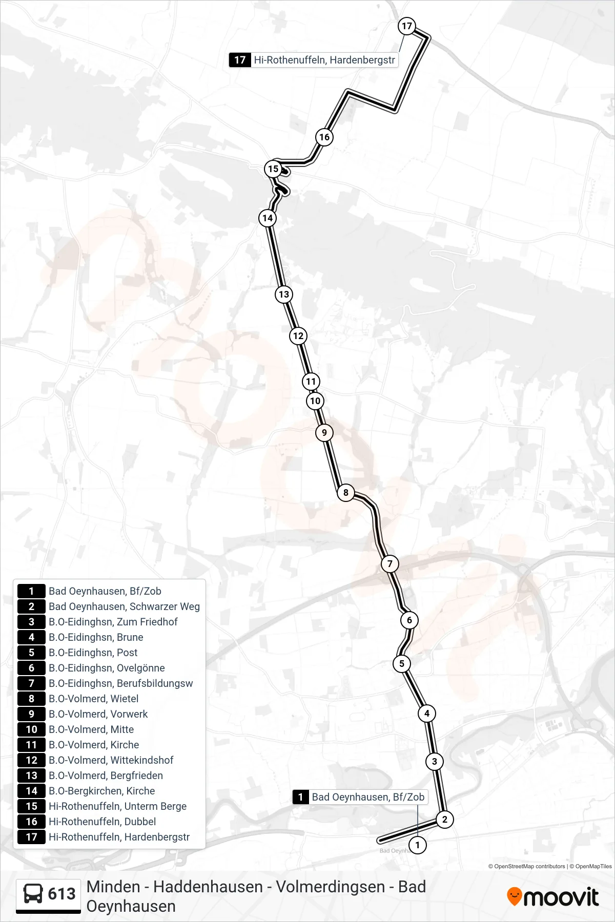 613 bus Line (Hi-Rothenuffeln, Hardenbergstr) route and stops on a map