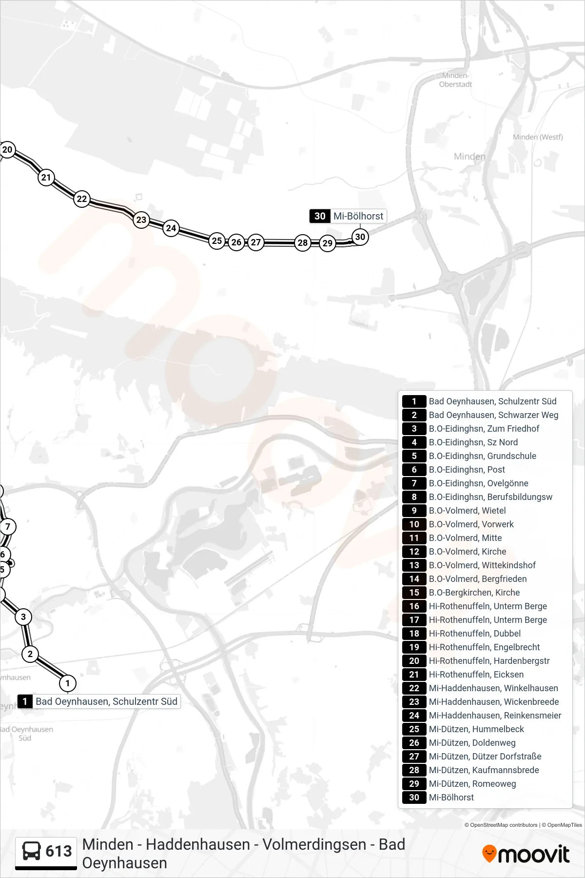 613 bus Line (Mi-Bölhorst) route and stops on a map