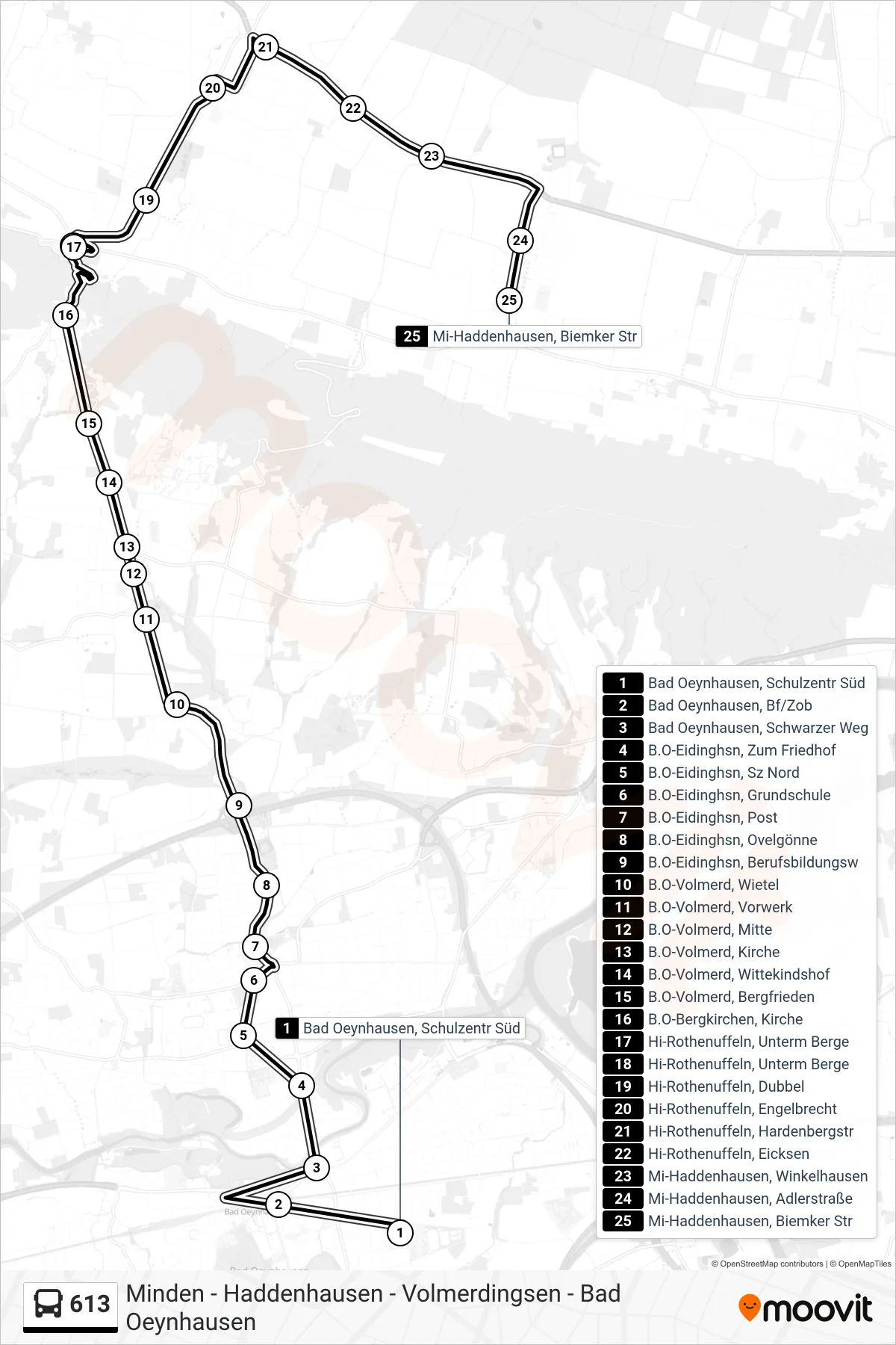 613 bus Line (Mi-Haddenhausen, Biemker Str) route and stops on a map