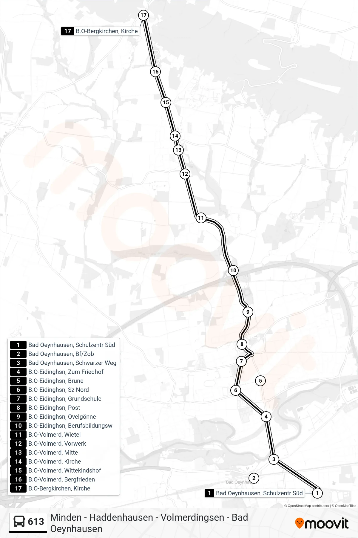 613 bus Line (B.O-Bergkirchen, Kirche) route and stops on a map