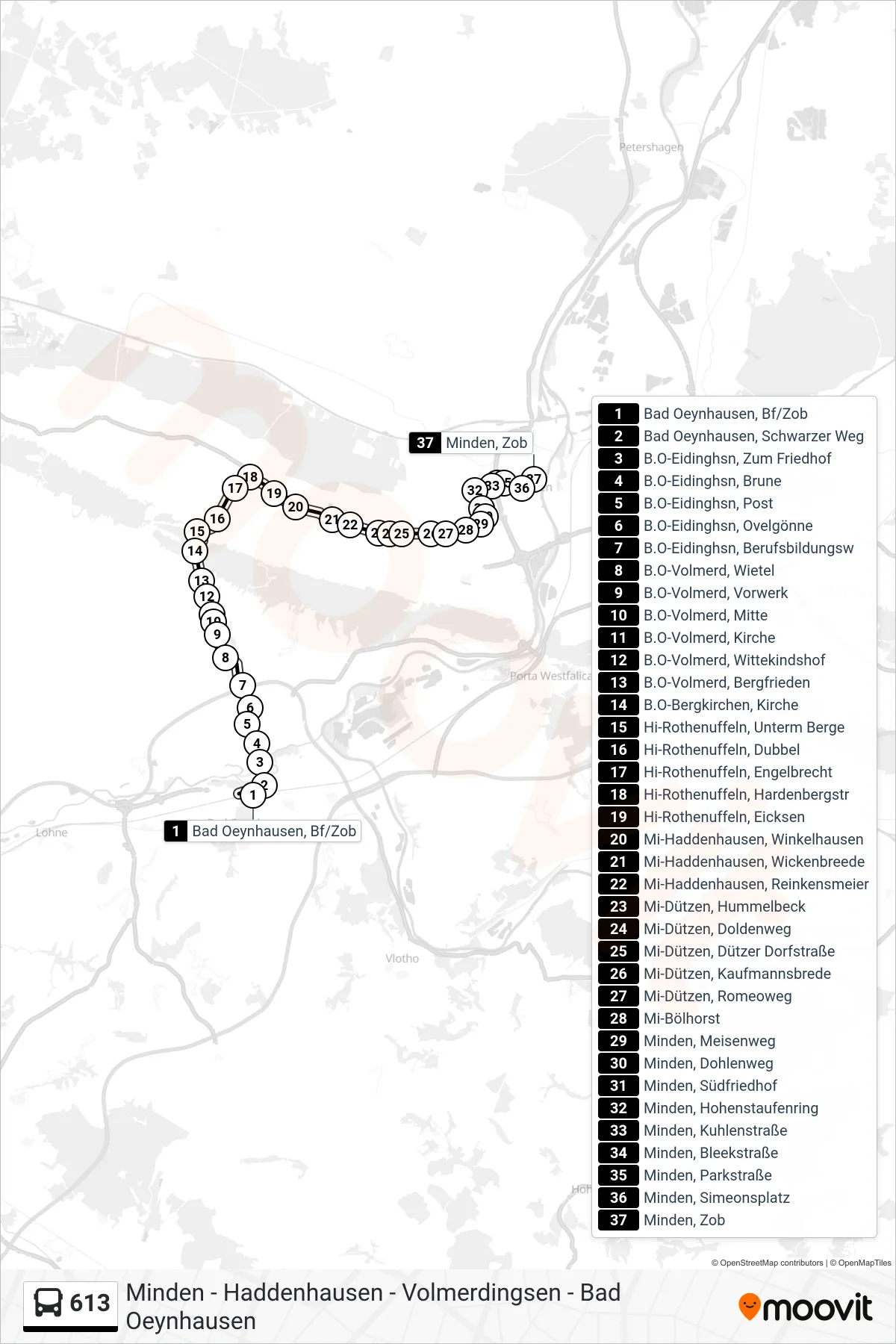 613 bus Line (Minden, Zob) route and stops on a map