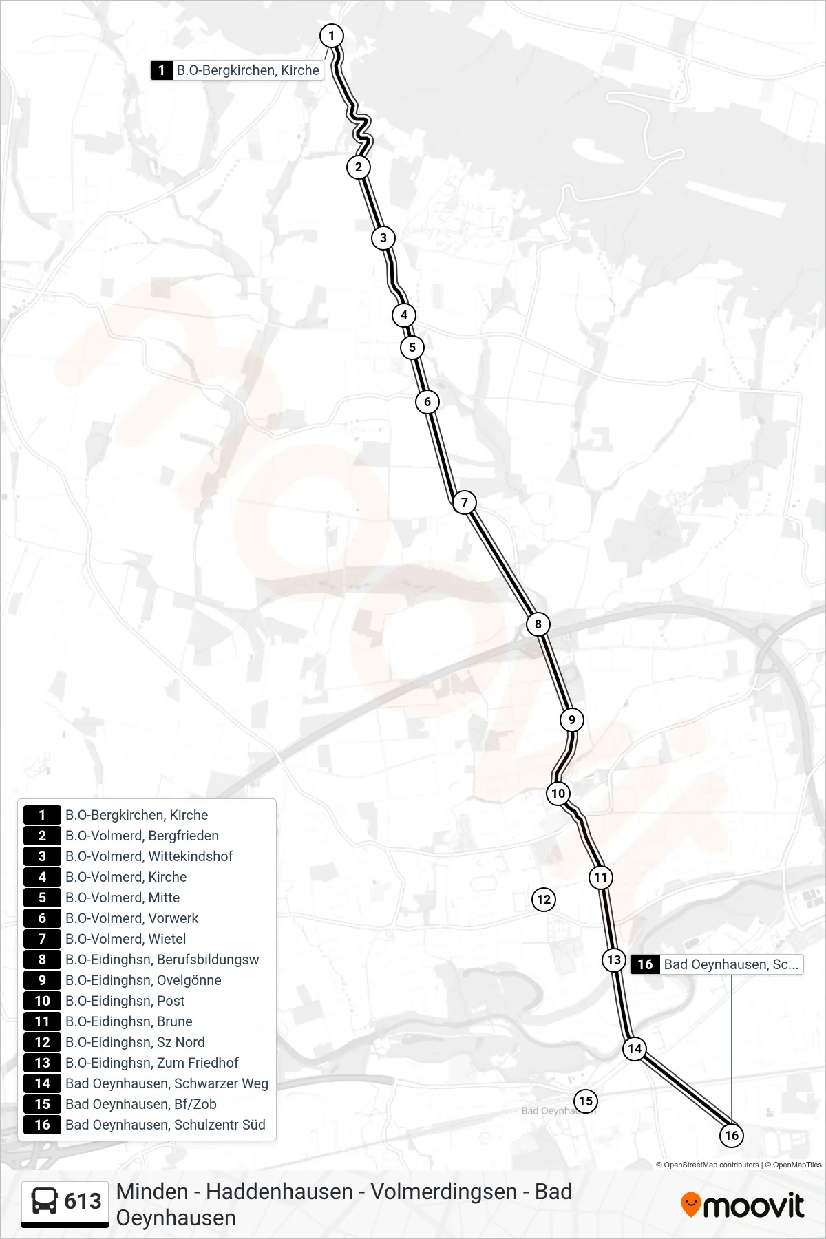 613 bus Line (Bad Oeynhausen, Schulzentr Süd) route and stops on a map