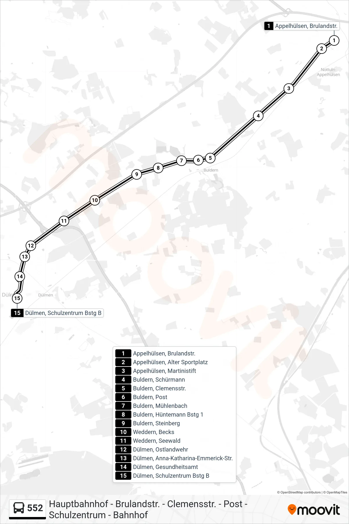 Linie 552 (Bus) Richtung Dülmen, Schulzentrum Bstg B: Route und Haltestellen auf der Karte
