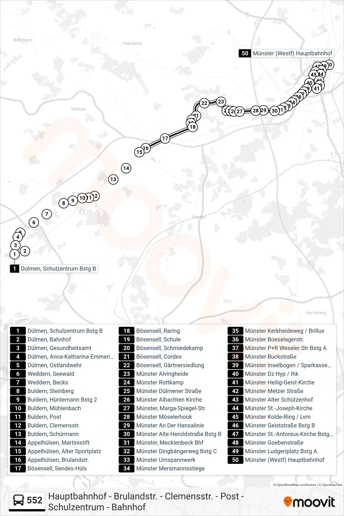 Linie 552 (Bus) Richtung Münster (Westf)  Hauptbahnhof Bstg D1: Route und Haltestellen auf der Karte