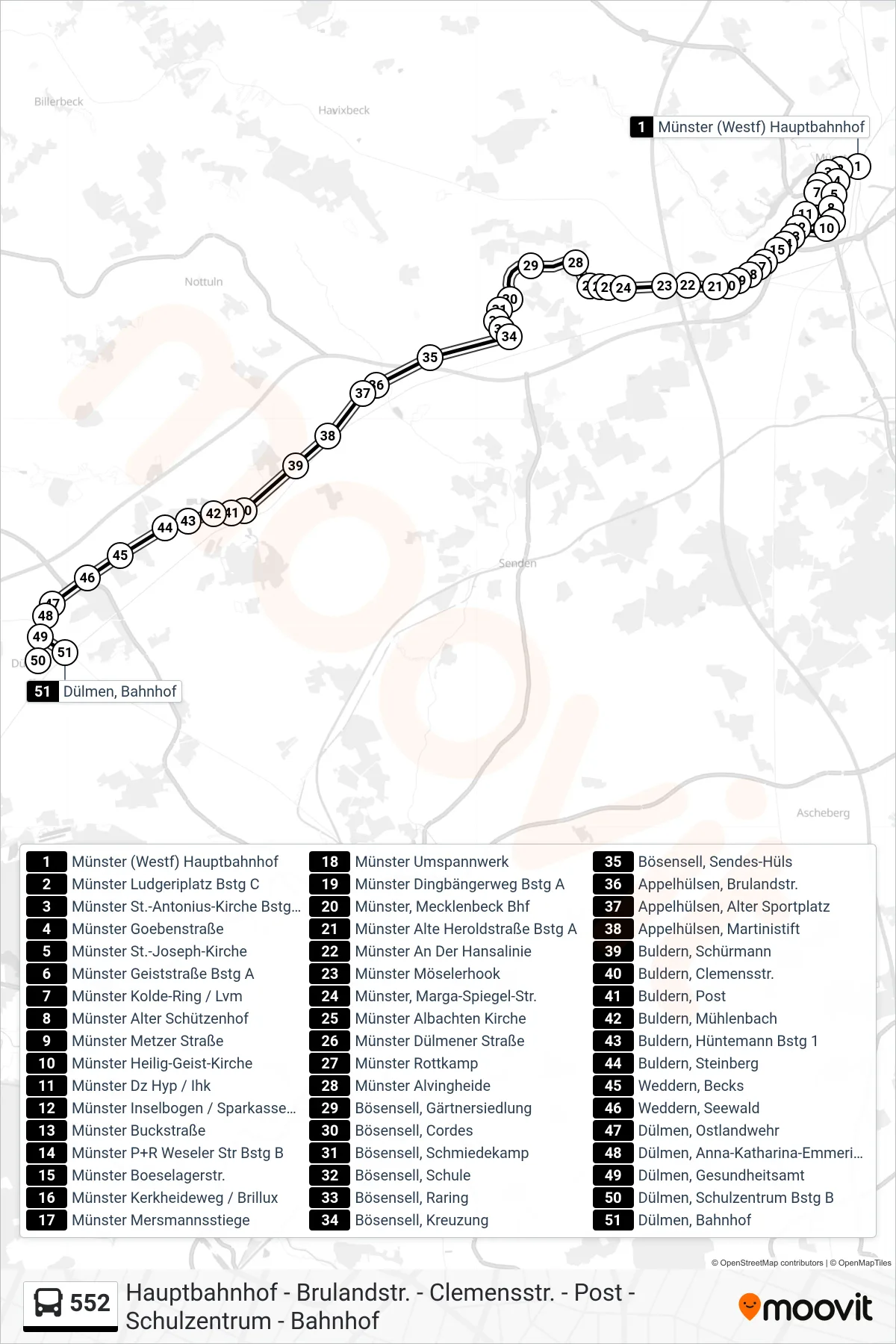 Linie 552 (Bus) Richtung Dülmen, Bahnhof: Route und Haltestellen auf der Karte