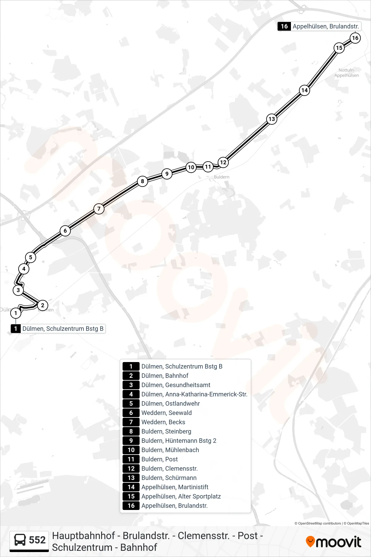 Linie 552 (Bus) Richtung Appelhülsen, Brulandstr.: Route und Haltestellen auf der Karte