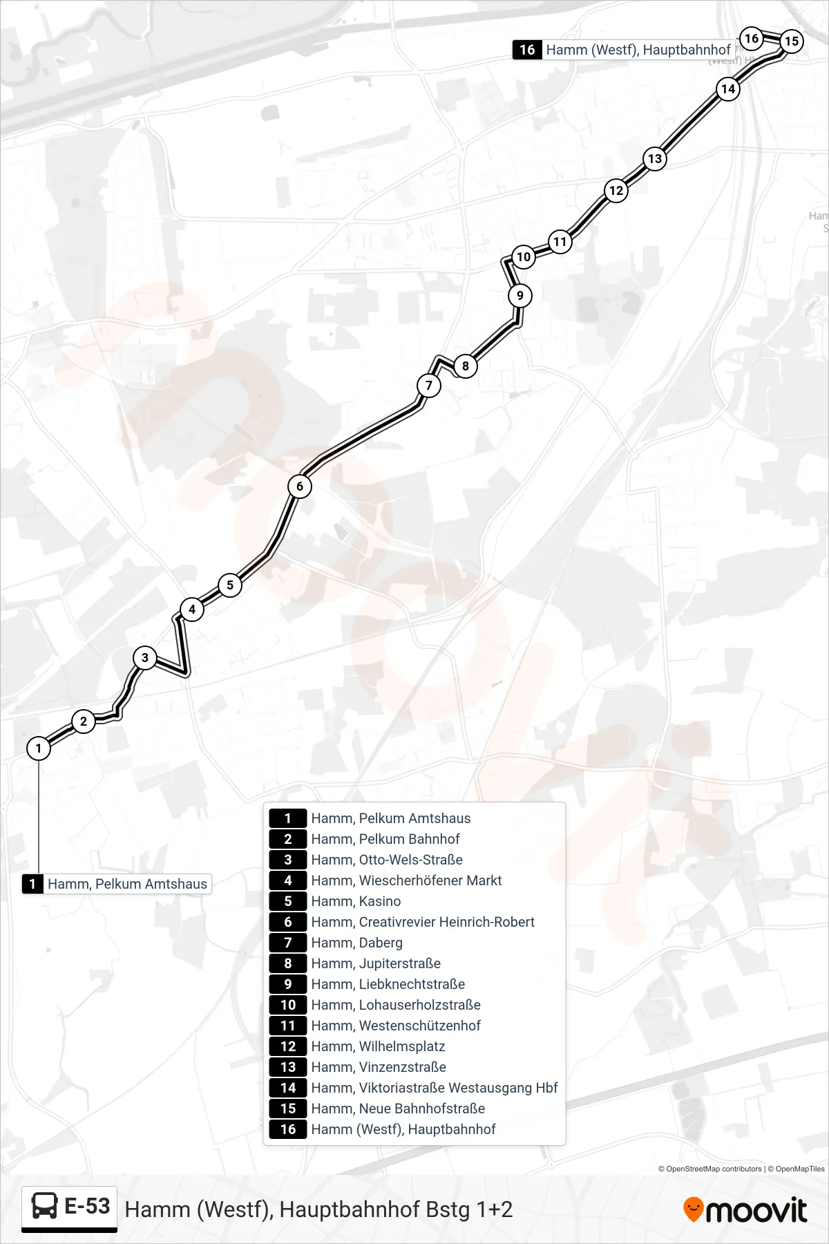 Linie E-53 (Bus) Richtung Hamm (Westf), Hauptbahnhof Bstg 1+2: Route und Haltestellen auf der Karte