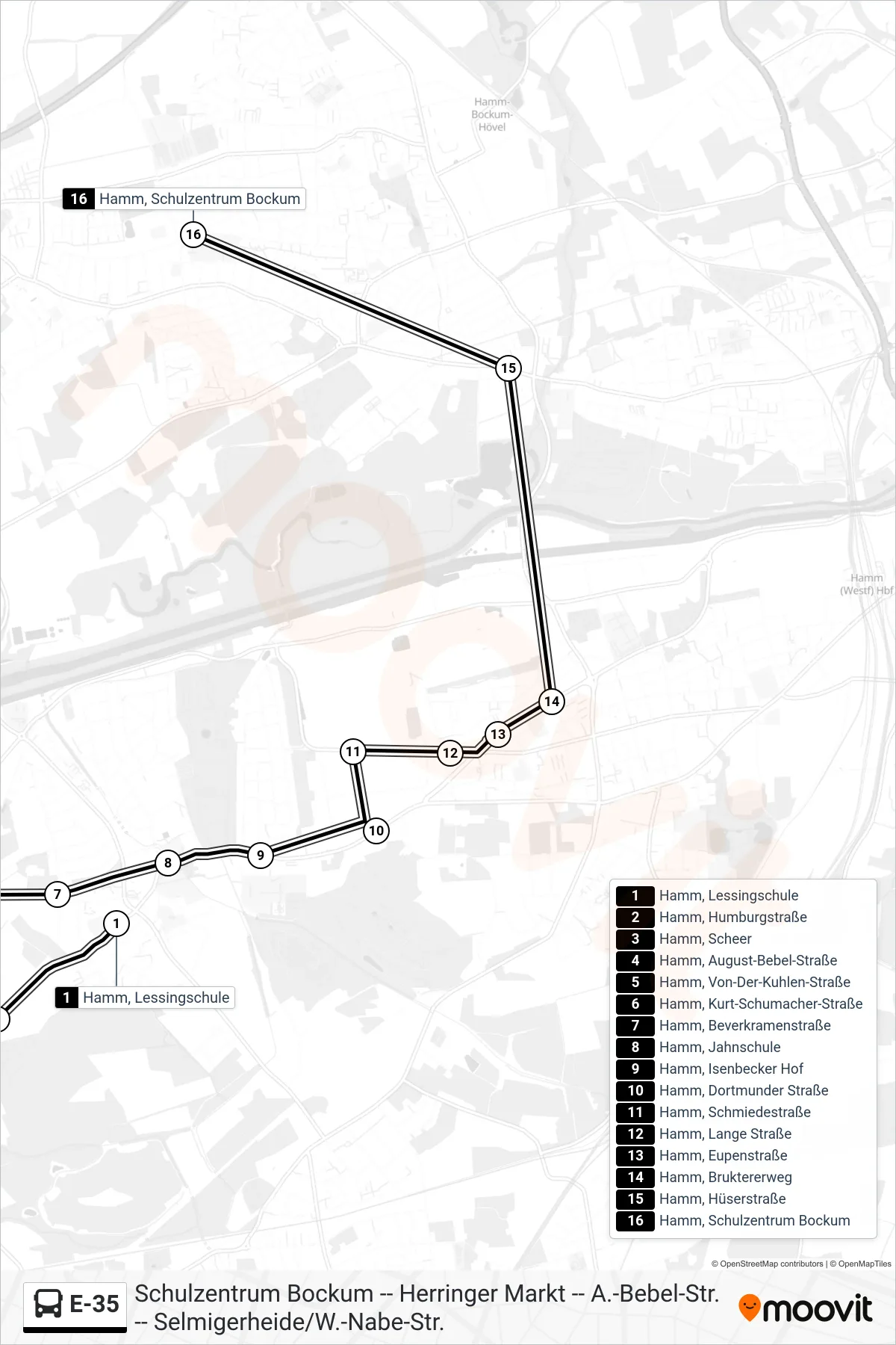 Linie E-35 (Bus) Richtung Hamm, Schulzentrum Bockum: Route und Haltestellen auf der Karte