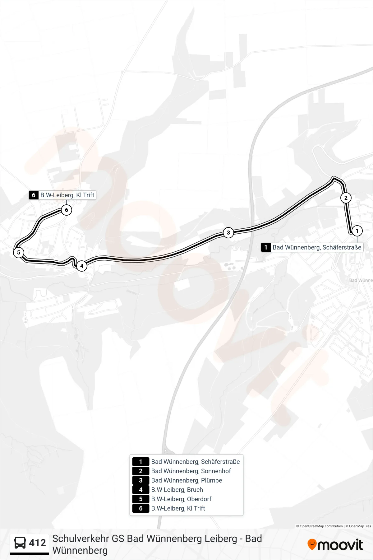 412 bus Line (B.W-Leiberg, Kl Trift) route and stops on a map