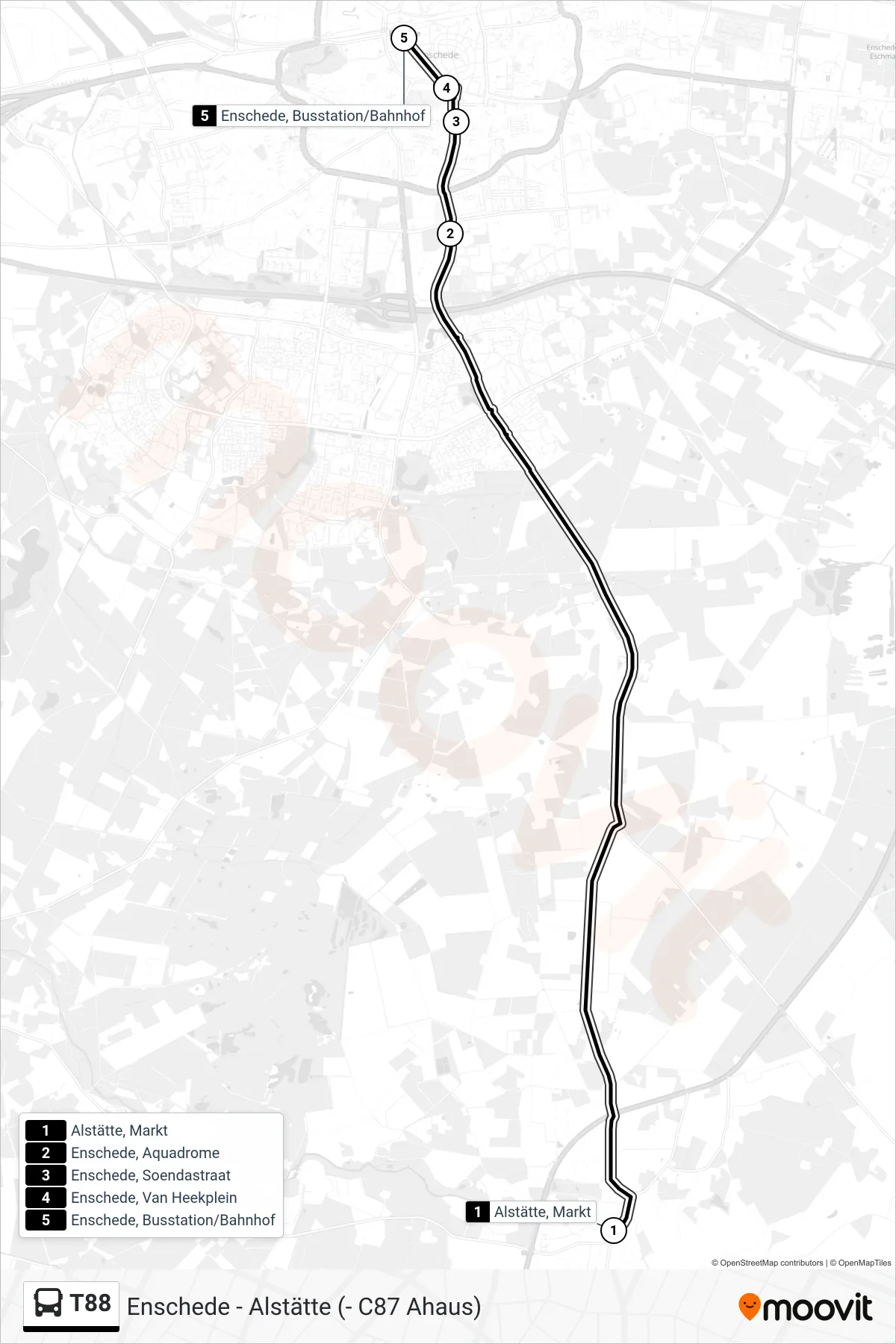 T88 bus Line (Enschede, Busstation/Bahnhof) route and stops on a map