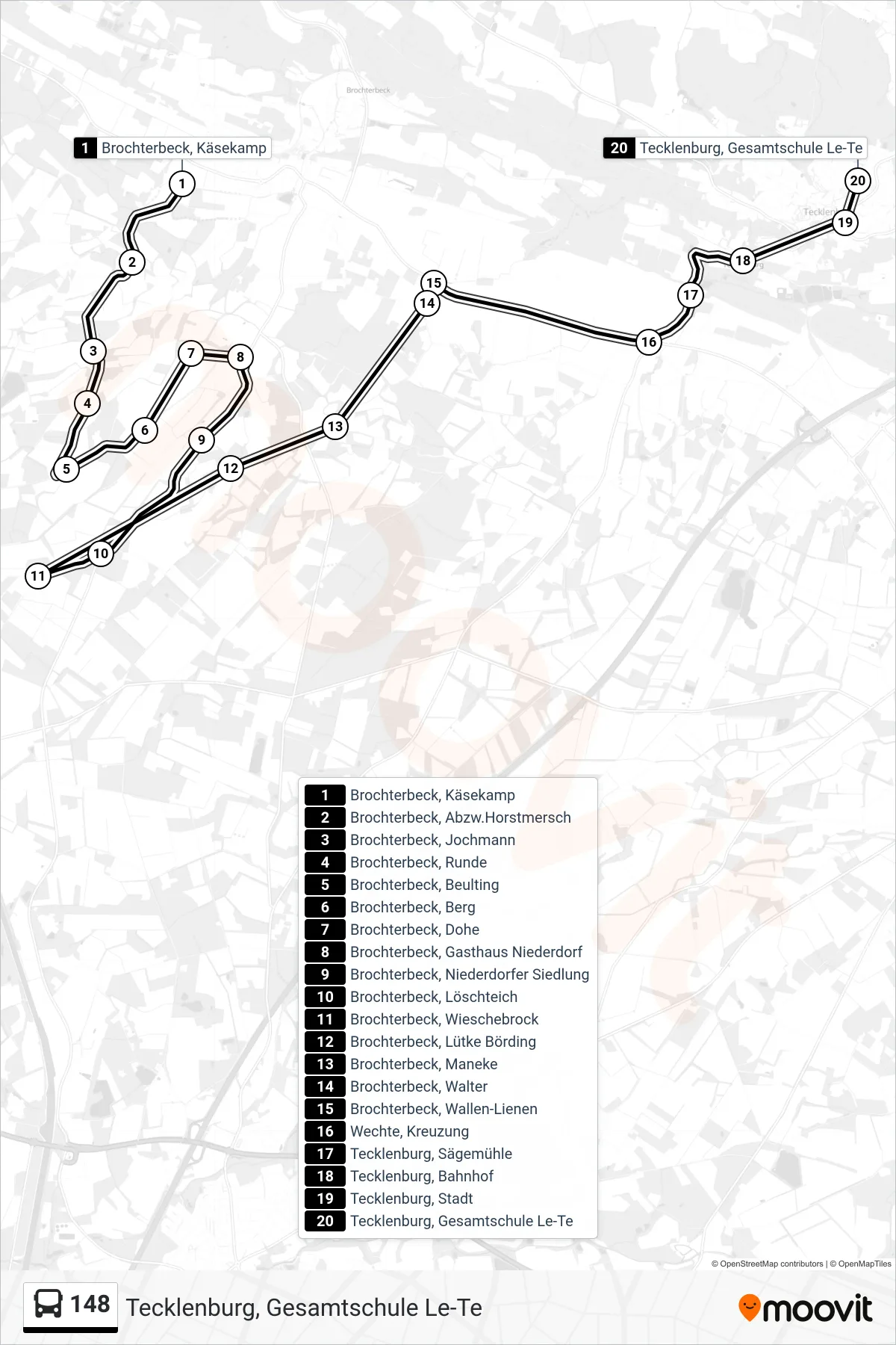 Linie 148 (Bus) Richtung Tecklenburg, Gesamtschule Le-Te: Route und Haltestellen auf der Karte