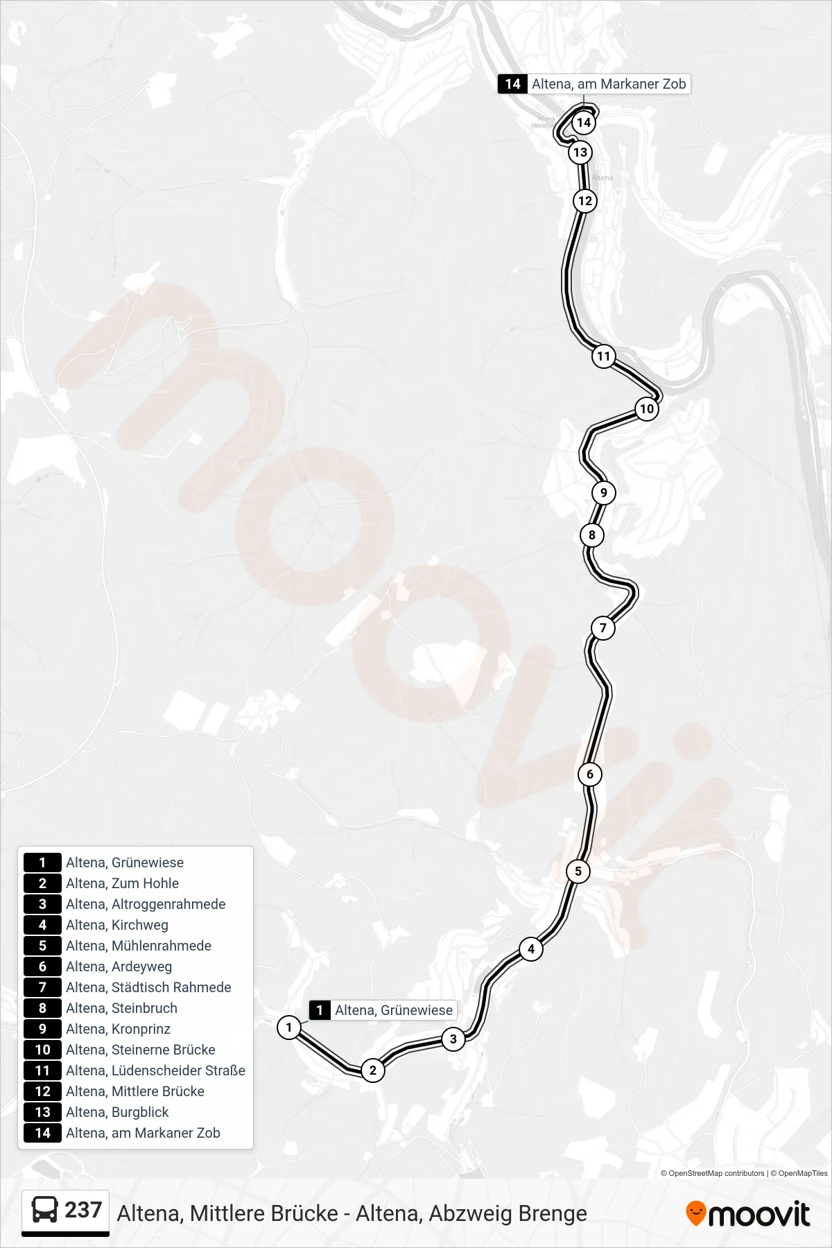237 bus Line (Altena, am Markaner Zob - Steig 3) route and stops on a map