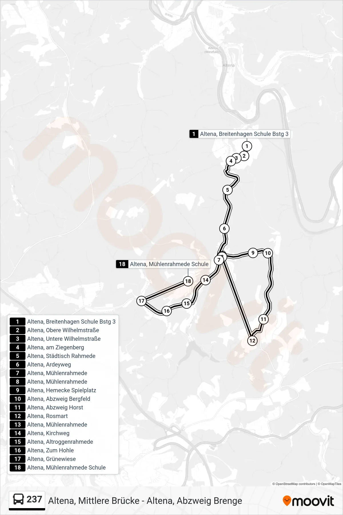 237 bus Line (Altena, Mühlenrahmede Schule) route and stops on a map