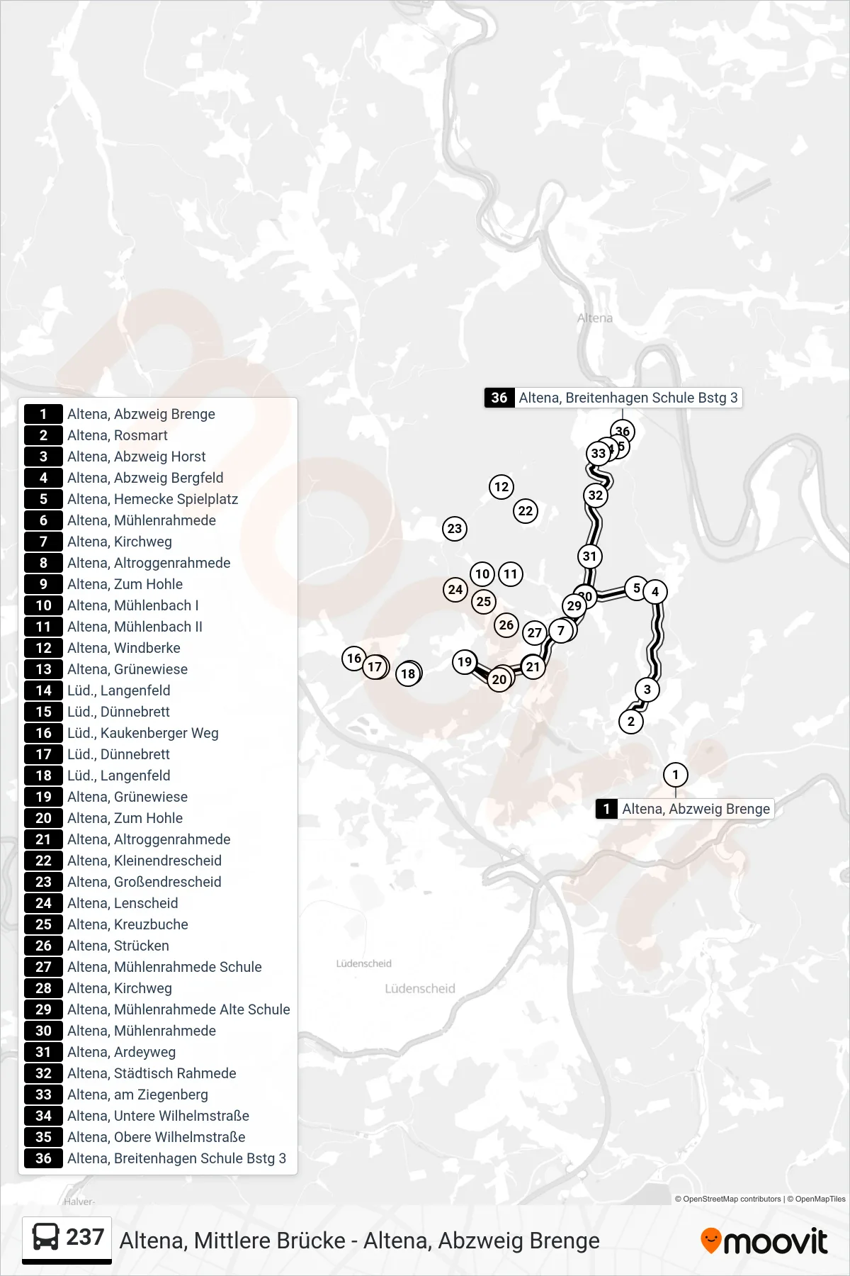 Linie 237 (Bus) Richtung Altena, Breitenhagen Schule Bstg 3: Route und Haltestellen auf der Karte