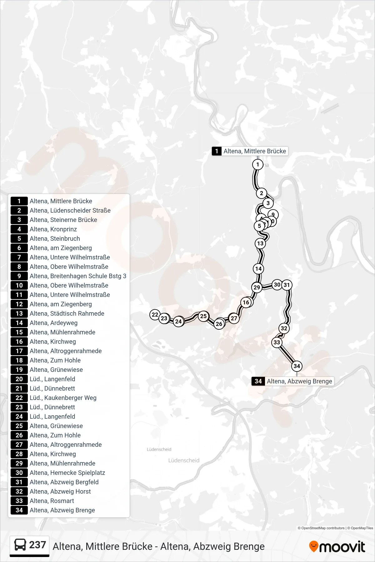 Linie 237 (Bus) Richtung Altena, Abzweig Brenge: Route und Haltestellen auf der Karte