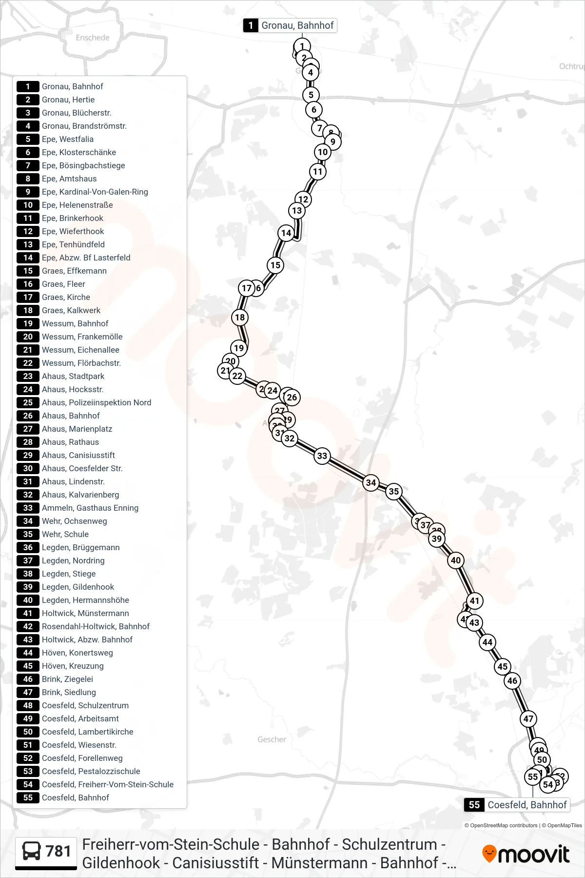 781 bus Line (Coesfeld, Bahnhof Bussteig A) route and stops on a map