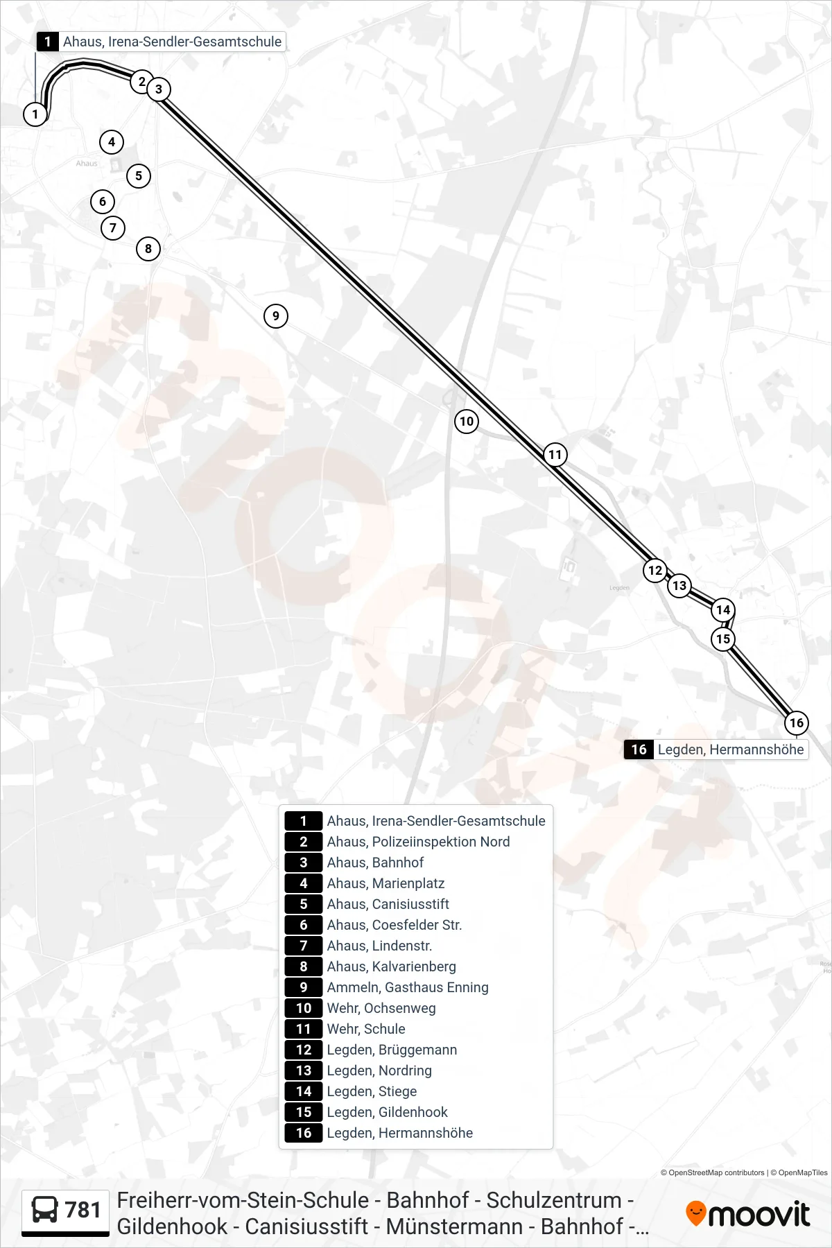 781 bus Line (Legden, Hermannshöhe) route and stops on a map