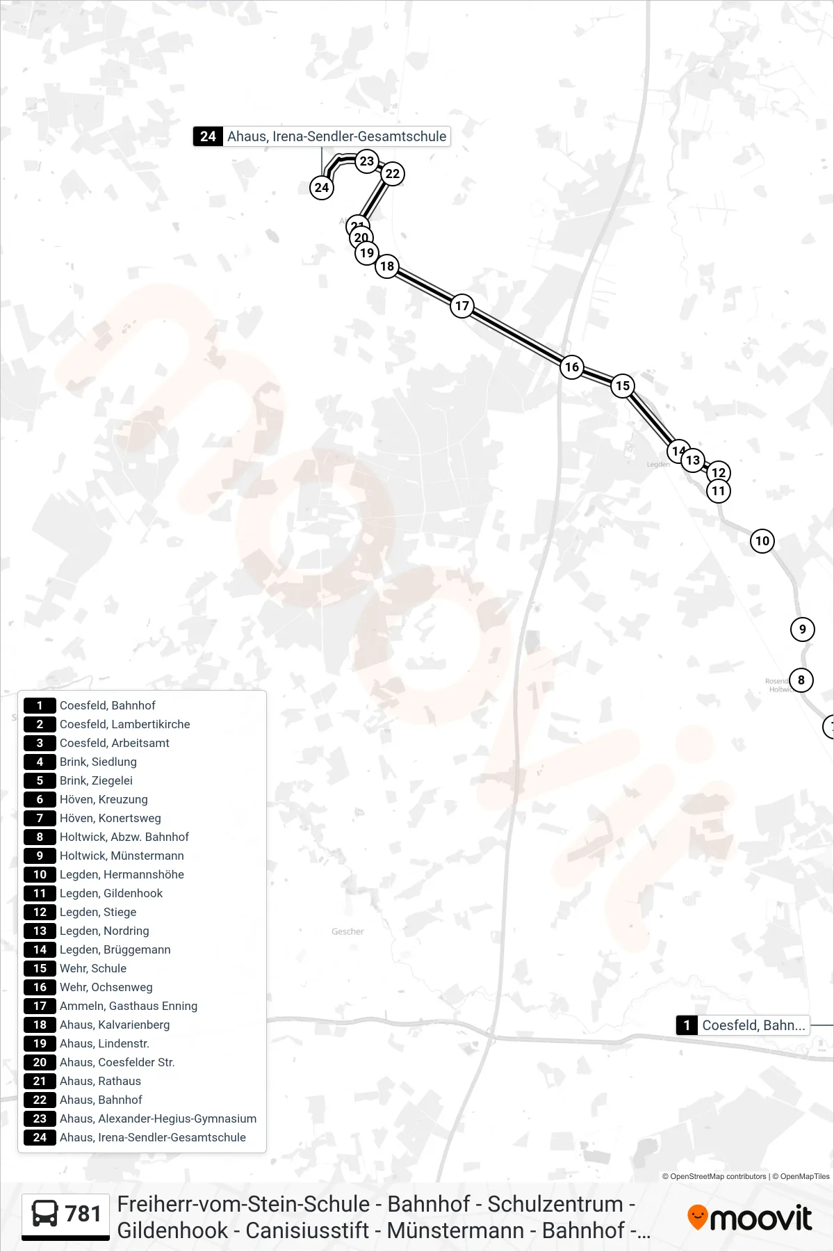 781 bus Line (Ahaus, Irena-Sendler-Gesamtschule) route and stops on a map