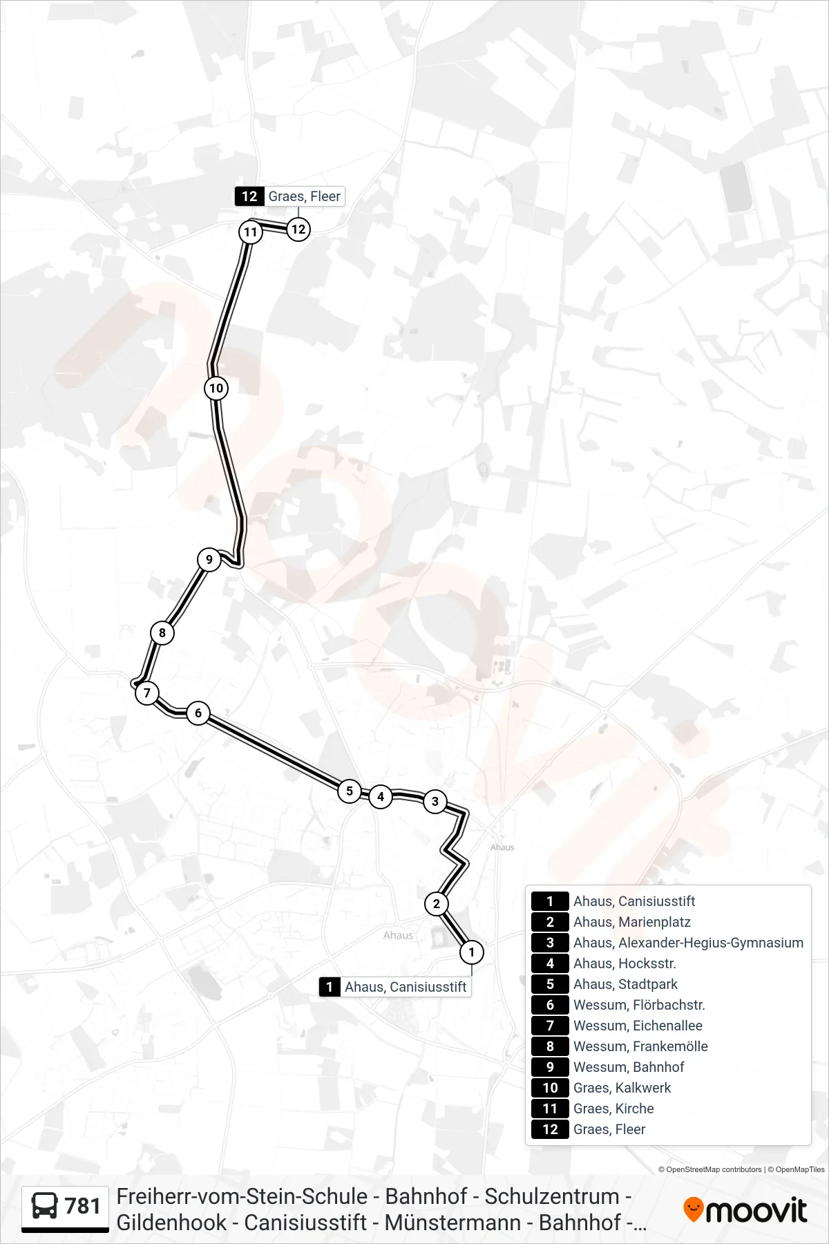 781 bus Line (Graes, Fleer) route and stops on a map