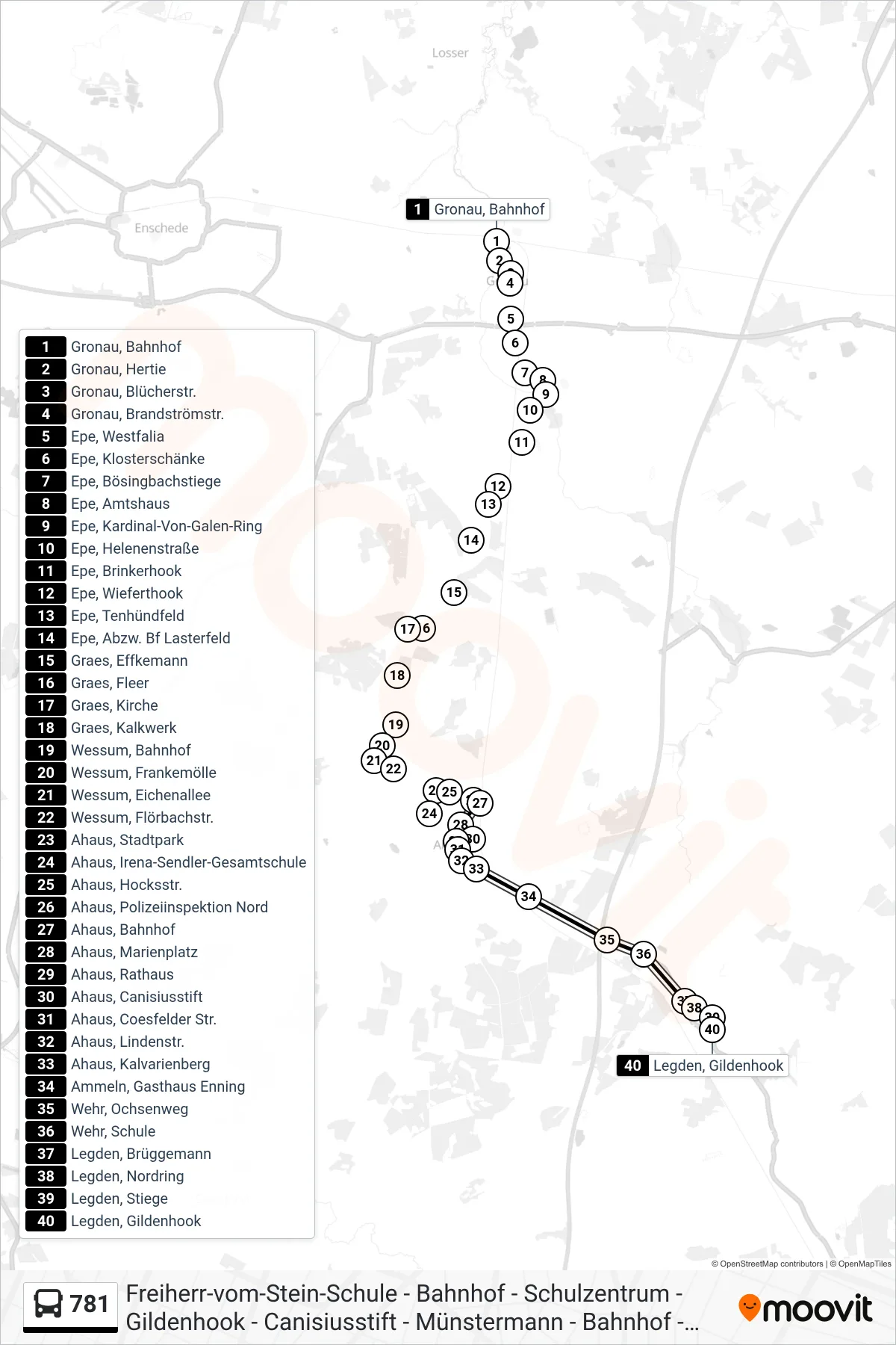 781 bus Line (Legden, Gildenhook) route and stops on a map