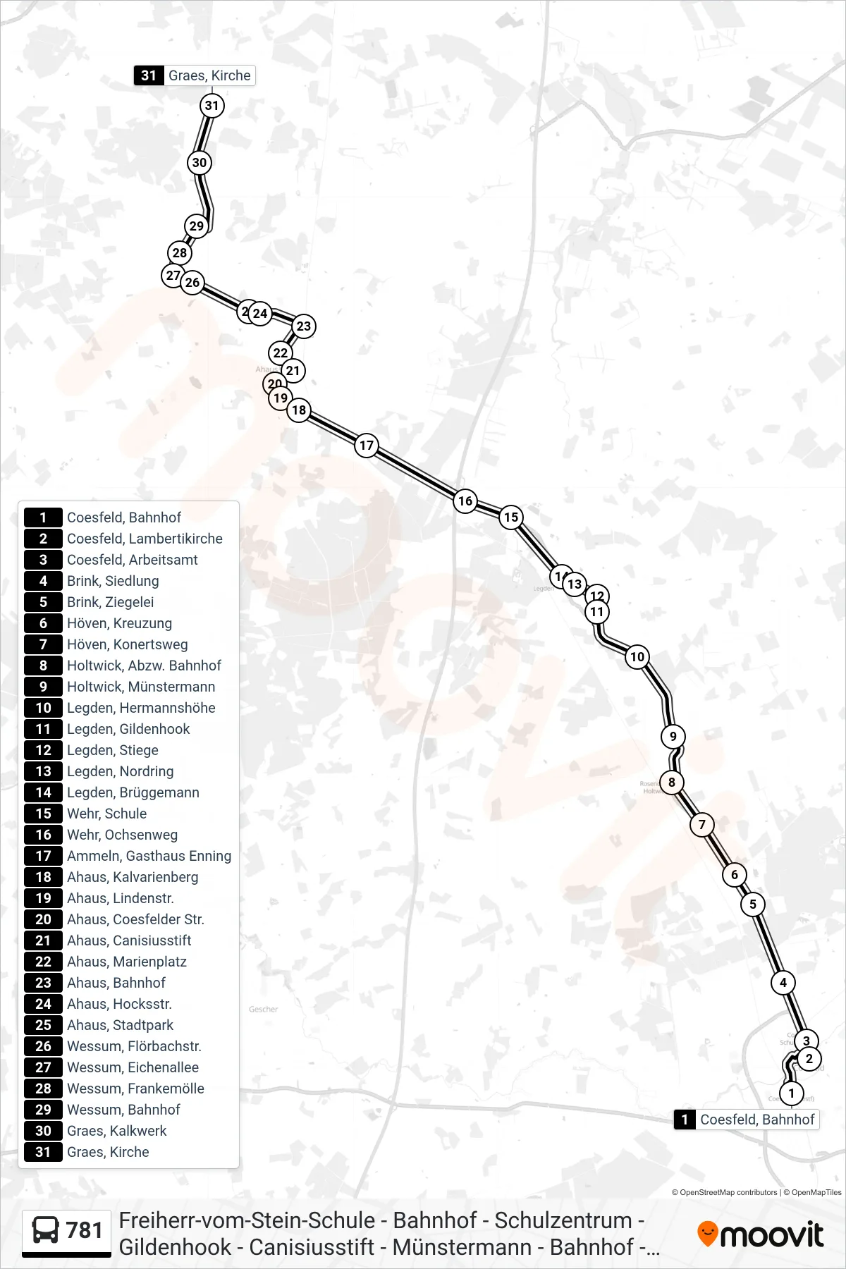 Linie 781 (Bus) Richtung Graes, Kirche: Route und Haltestellen auf der Karte