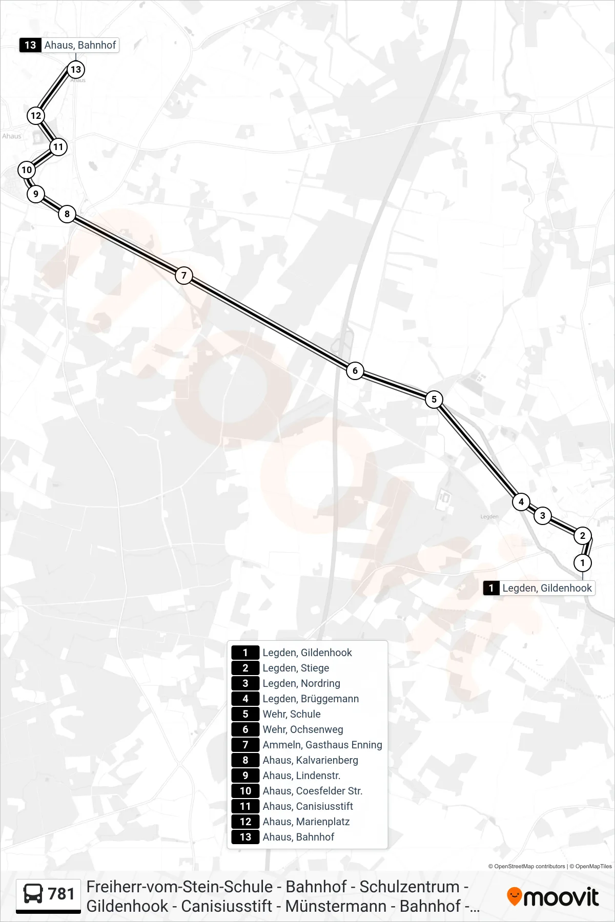 781 bus Line (Ahaus, Bahnhof) route and stops on a map