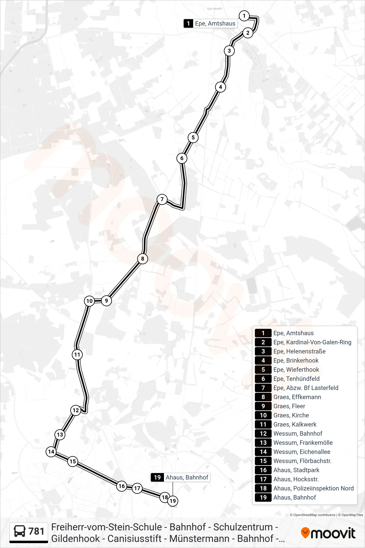 781 bus Line (Ahaus, Bahnhof) route and stops on a map