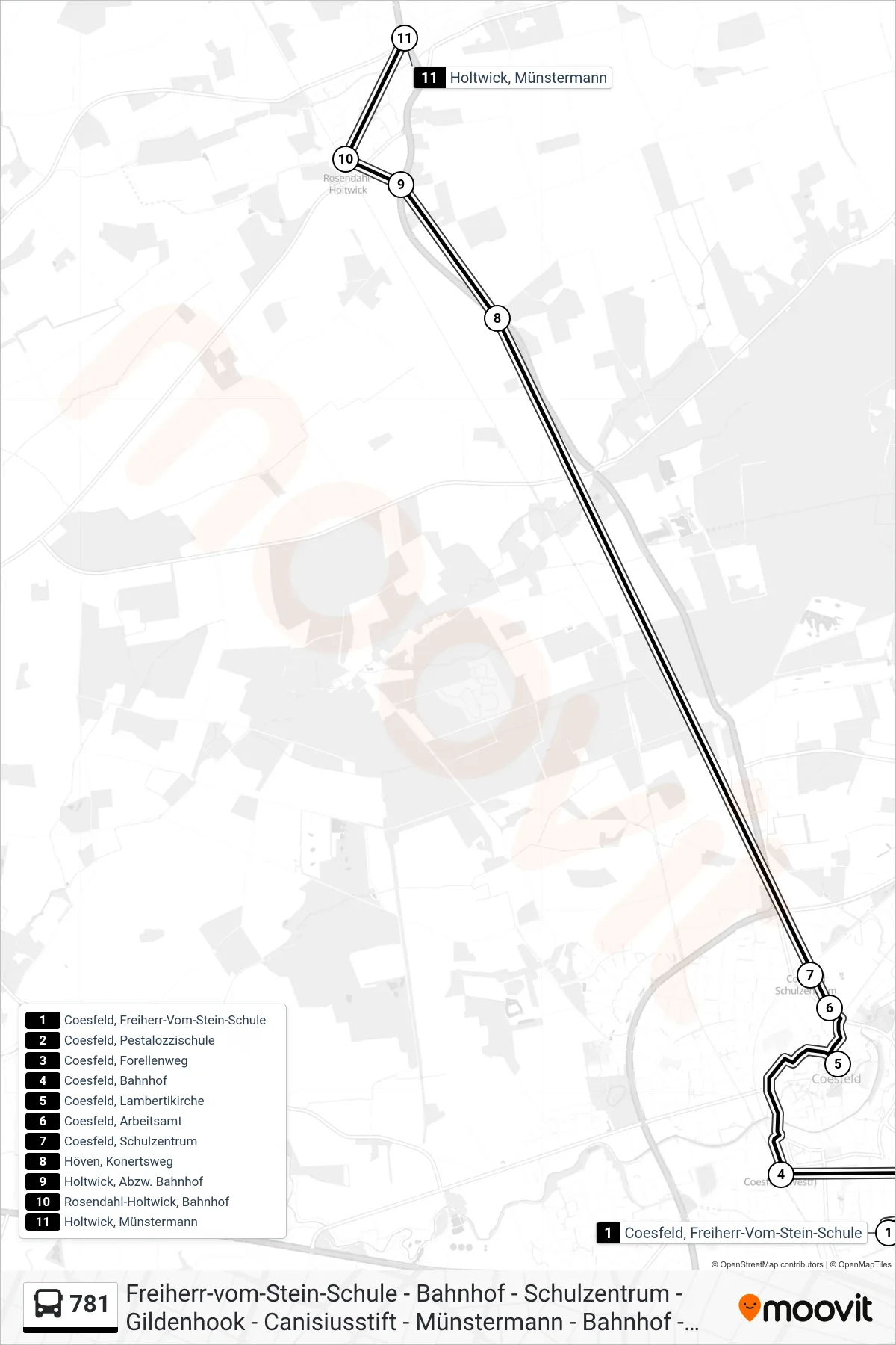 781 bus Line (Holtwick, Münstermann) route and stops on a map