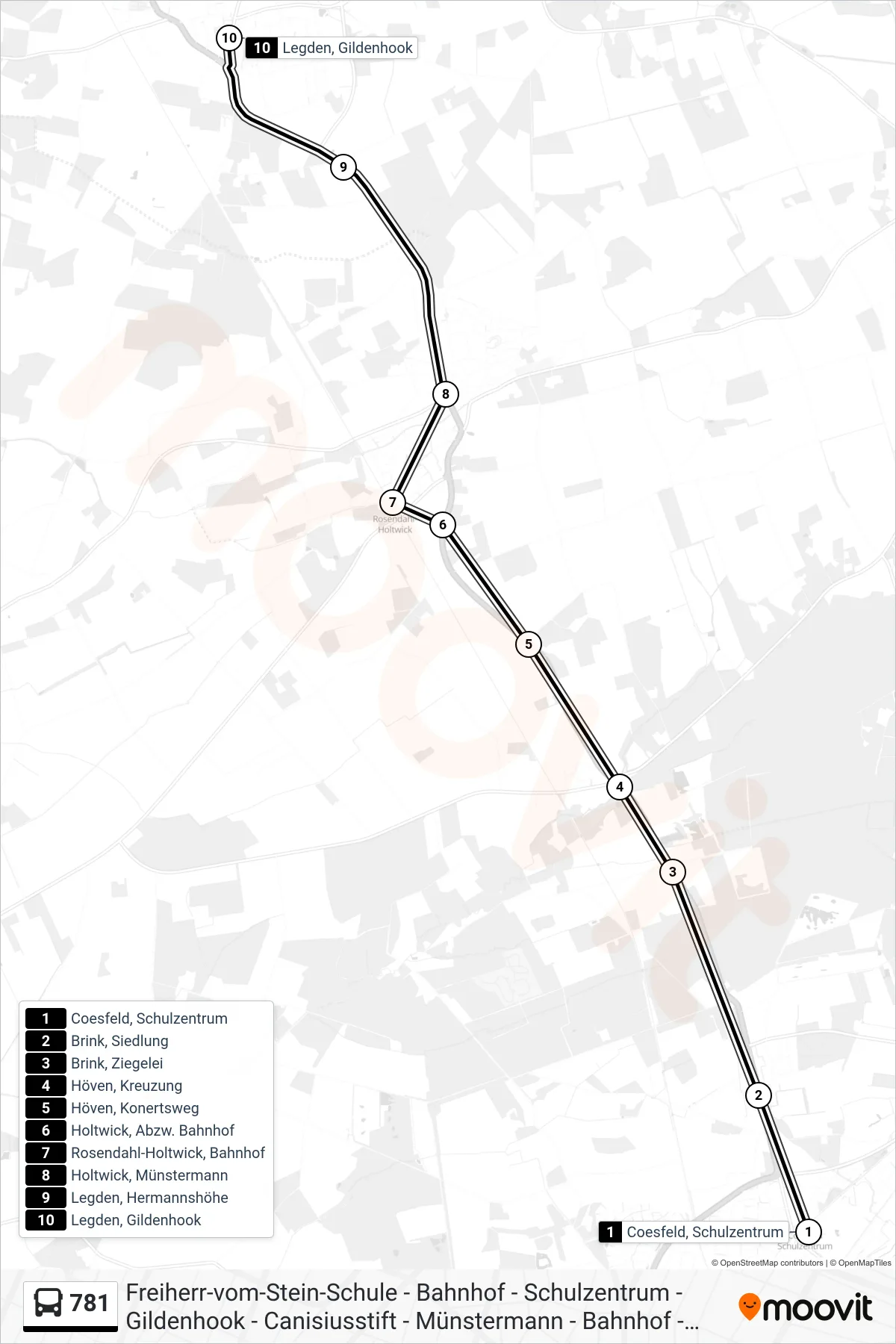 781 bus Line (Legden, Gildenhook) route and stops on a map