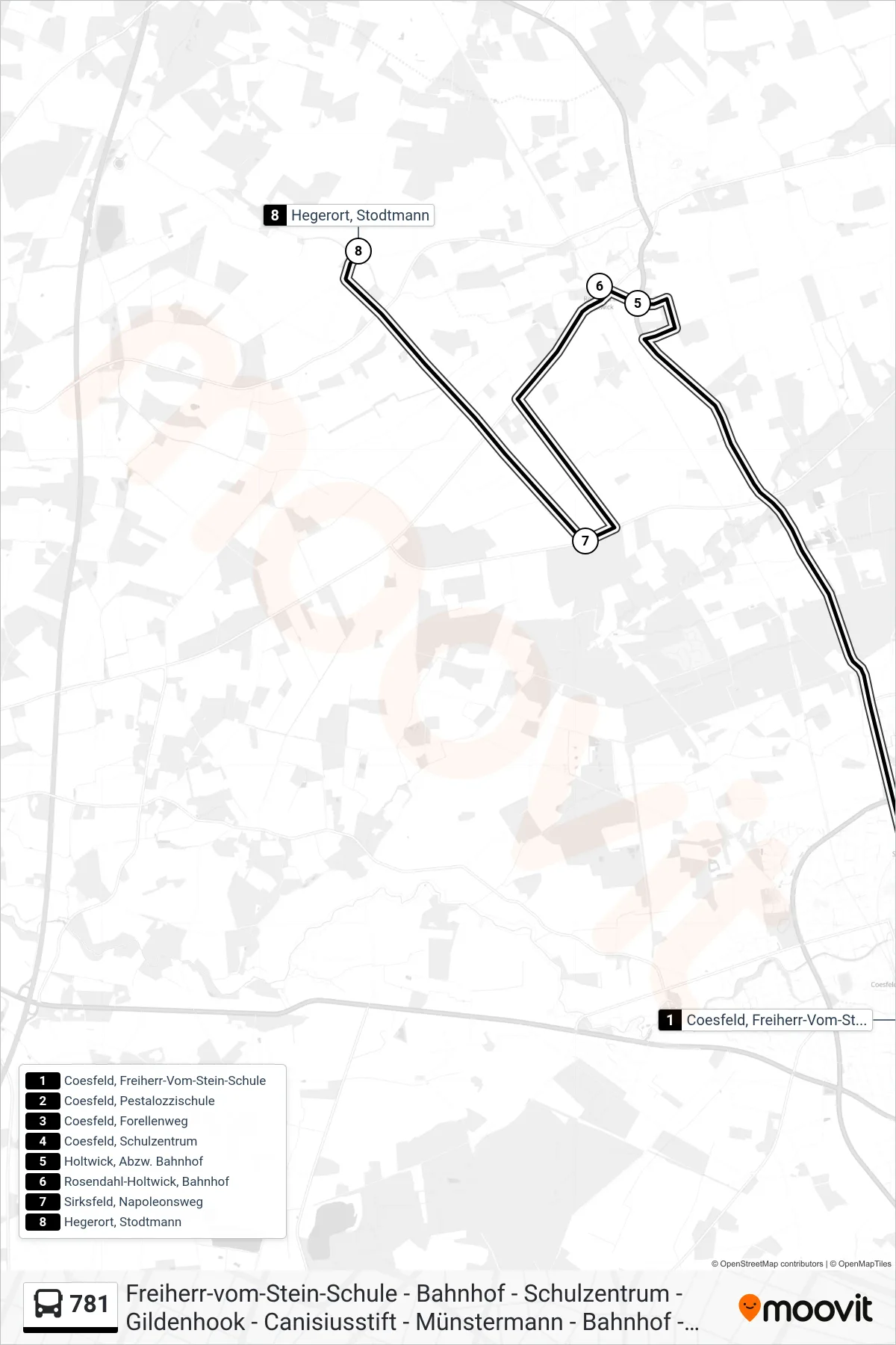 781 bus Line (Hegerort, Stodtmann) route and stops on a map