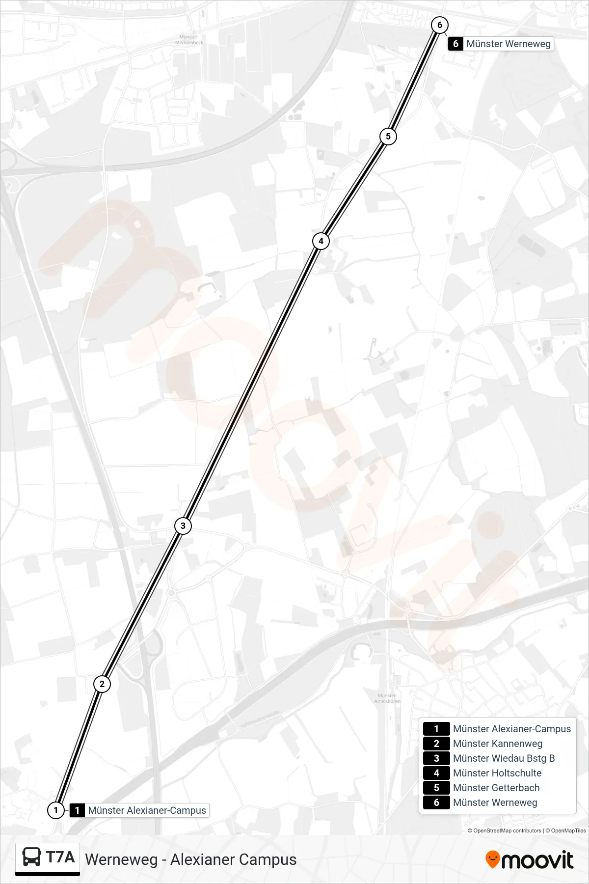 T7A bus Line (Werneweg) route and stops on a map