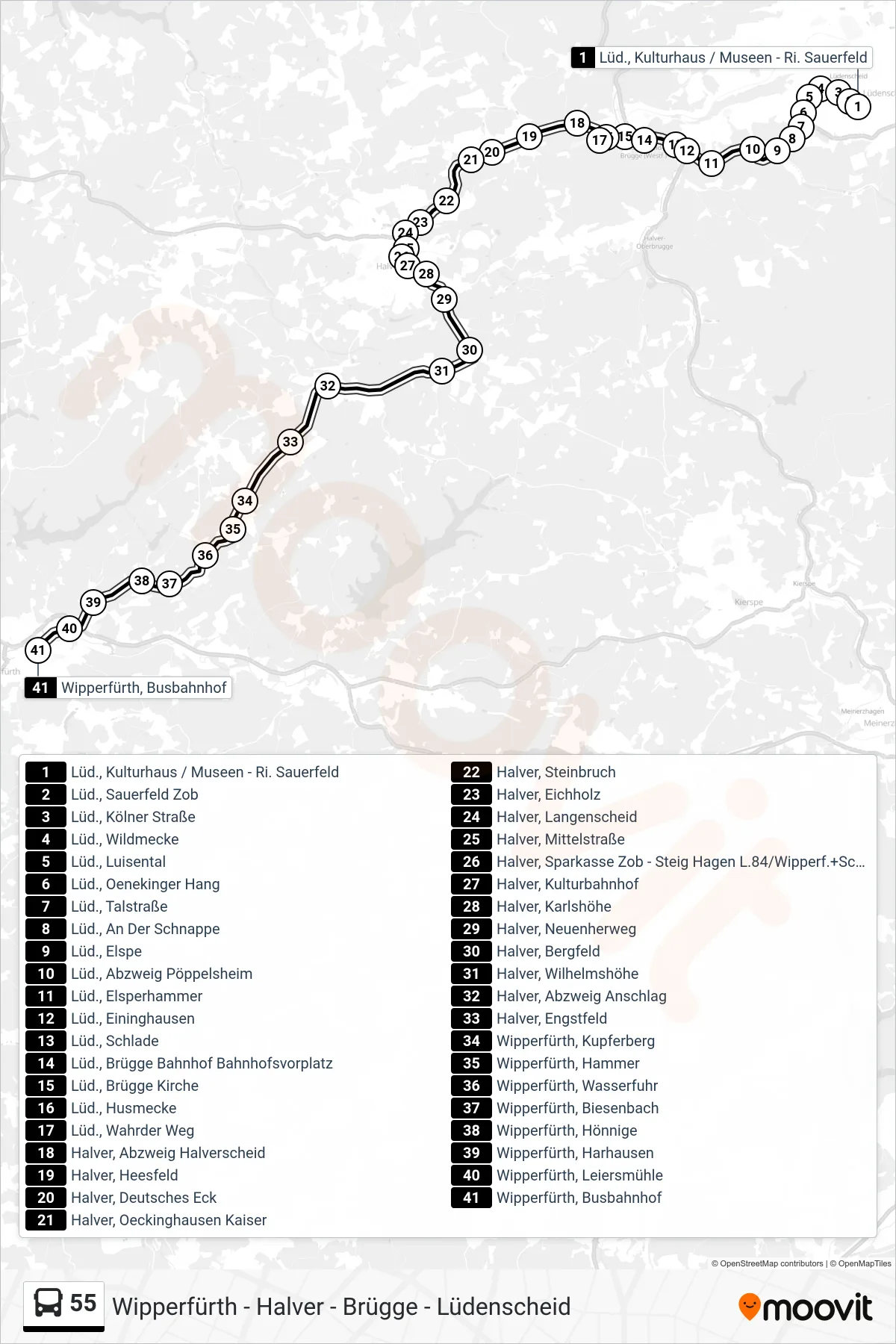 55 bus Line (Wipperfürth) route and stops on a map